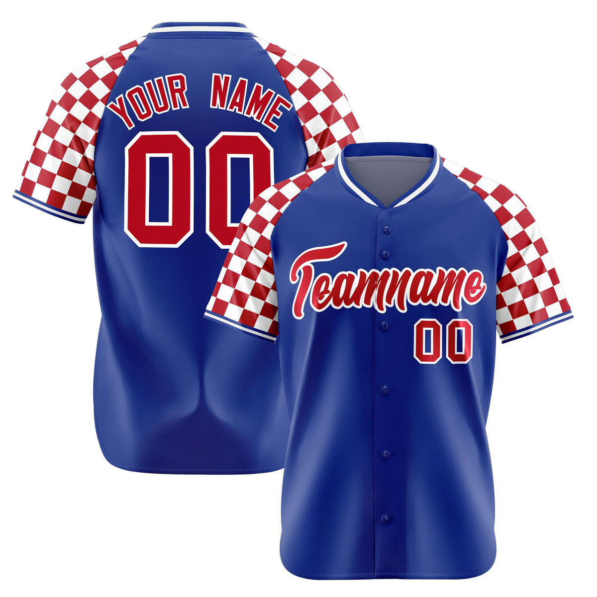 Custom Royal Blue Red-White Authentic Plaid Sleeve Baseball Jersey