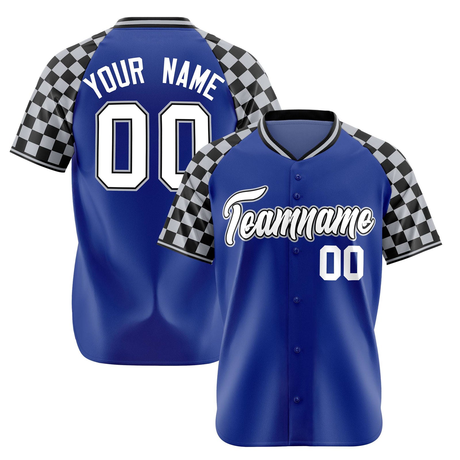 Custom Royal Blue Black-Gray Authentic Plaid Sleeve Baseball Jersey