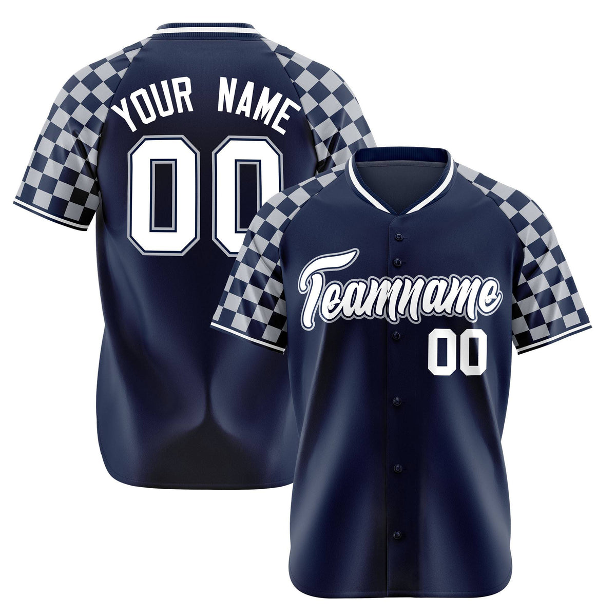 Custom Navy White-Gray Authentic Plaid Sleeve Baseball Jersey