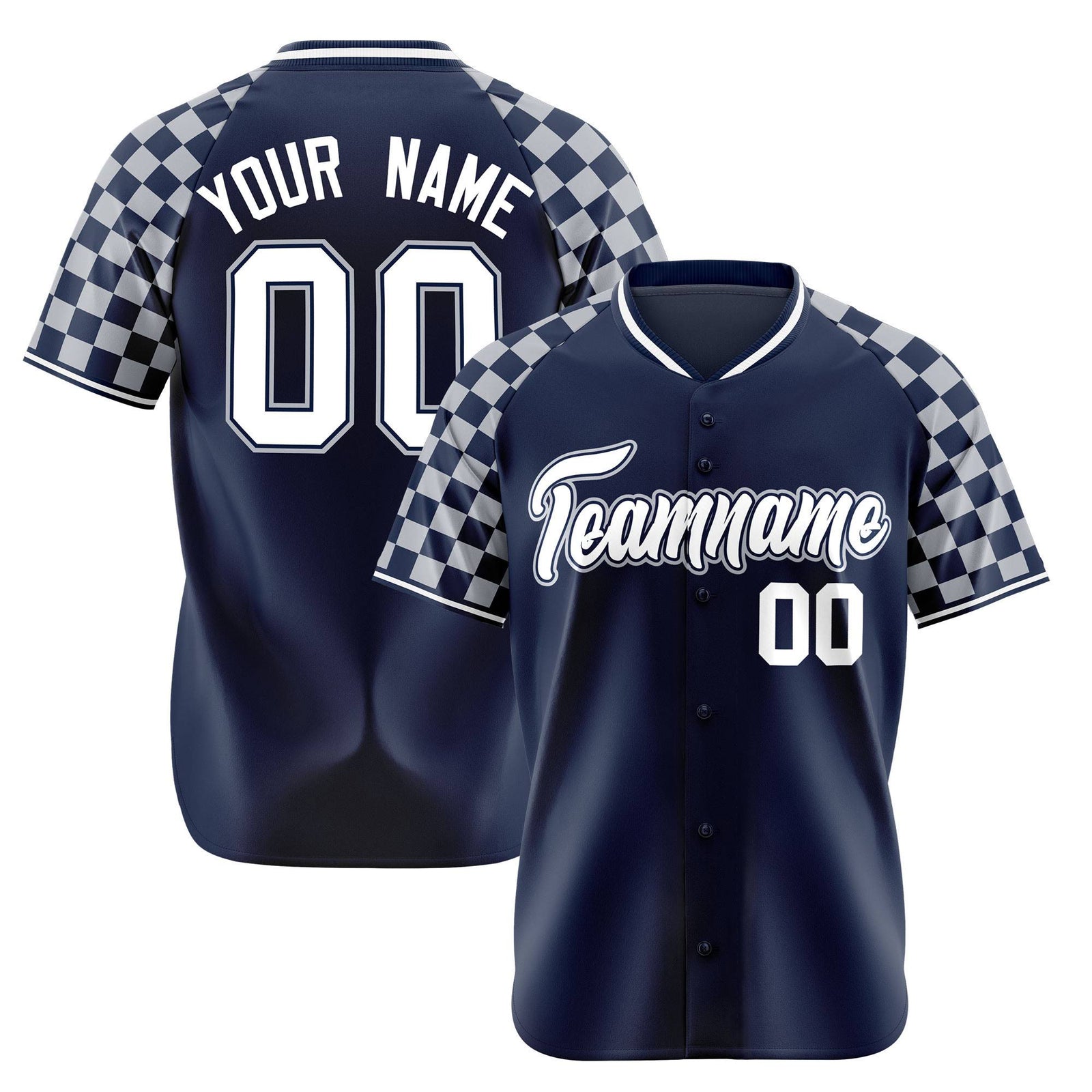 Custom Navy White-Gray Authentic Plaid Sleeve Baseball Jersey