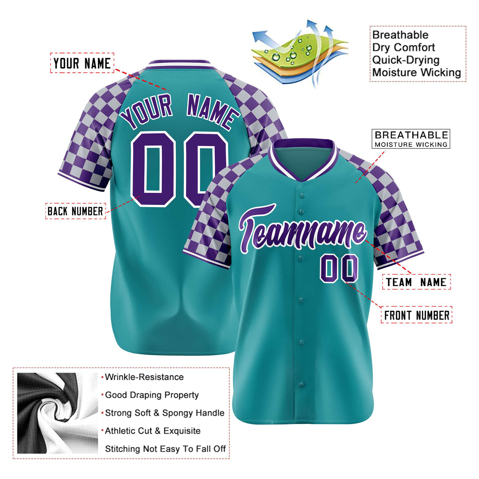 Custom Aqua Purple-Gray Authentic Plaid Sleeve Baseball Jersey