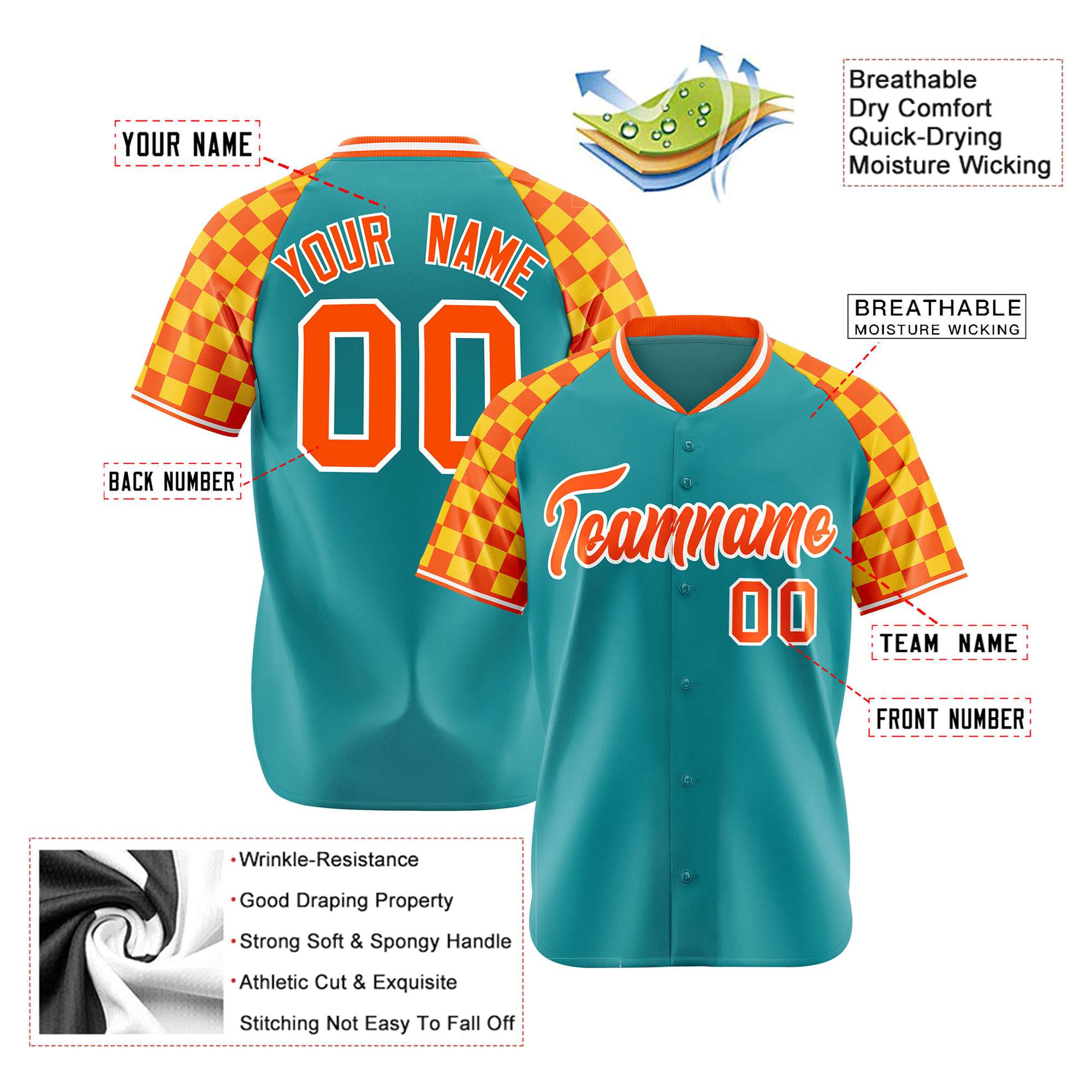 Custom Aqua Orange-Gold Authentic Plaid Sleeve Baseball Jersey