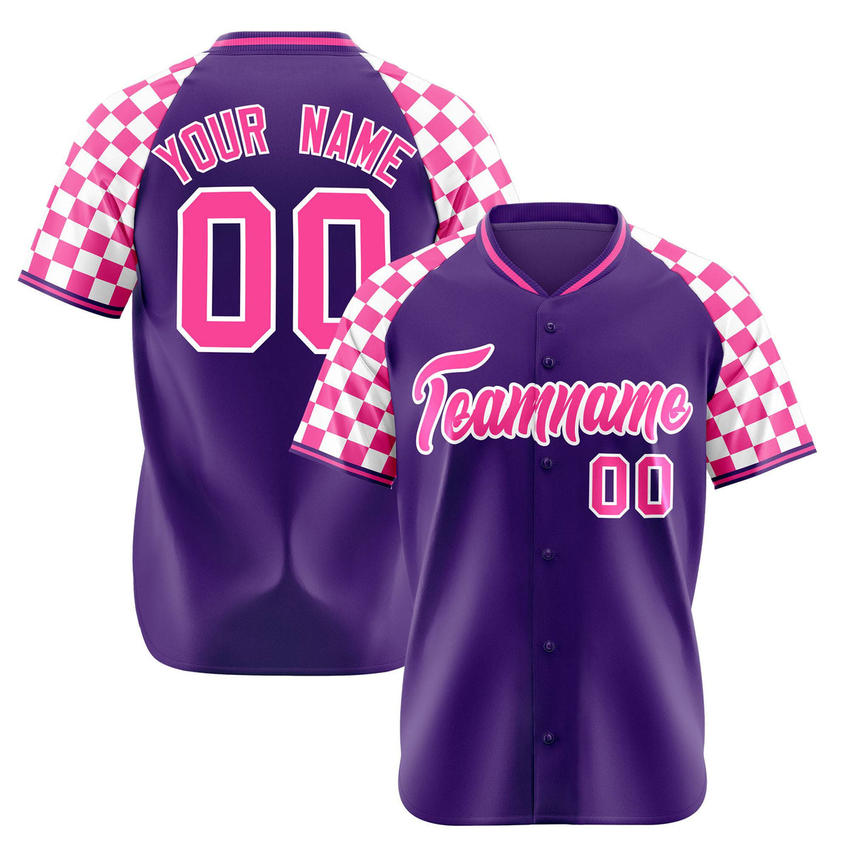 Custom Purple Pink-White Authentic Plaid Sleeve Baseball Jersey