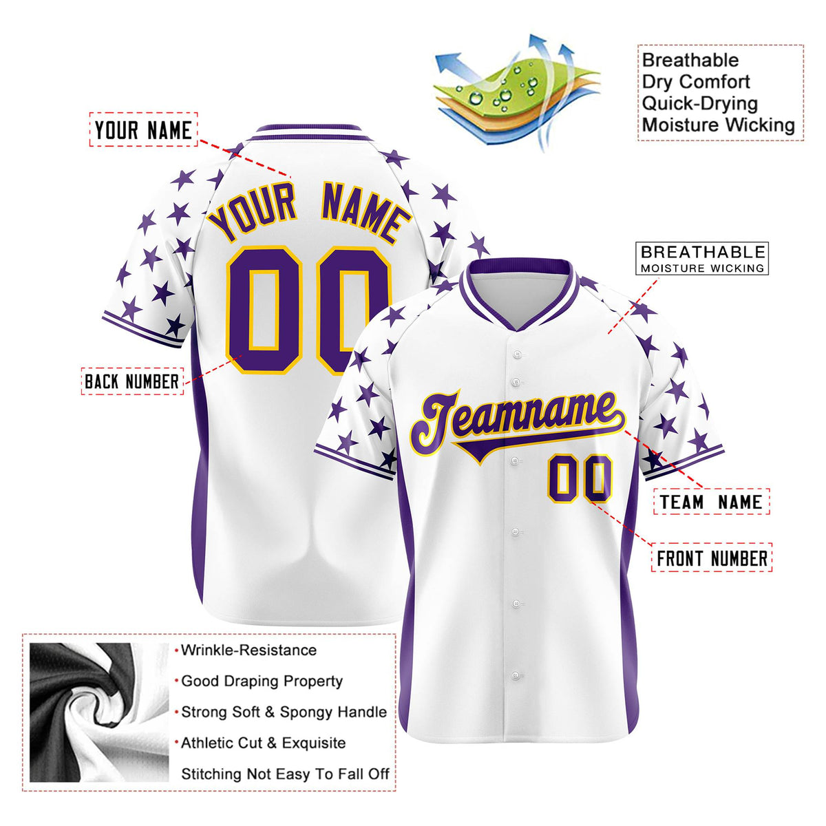 Custom White Purple Gradient Side Personalized Star Pattern Authentic Baseball Jersey