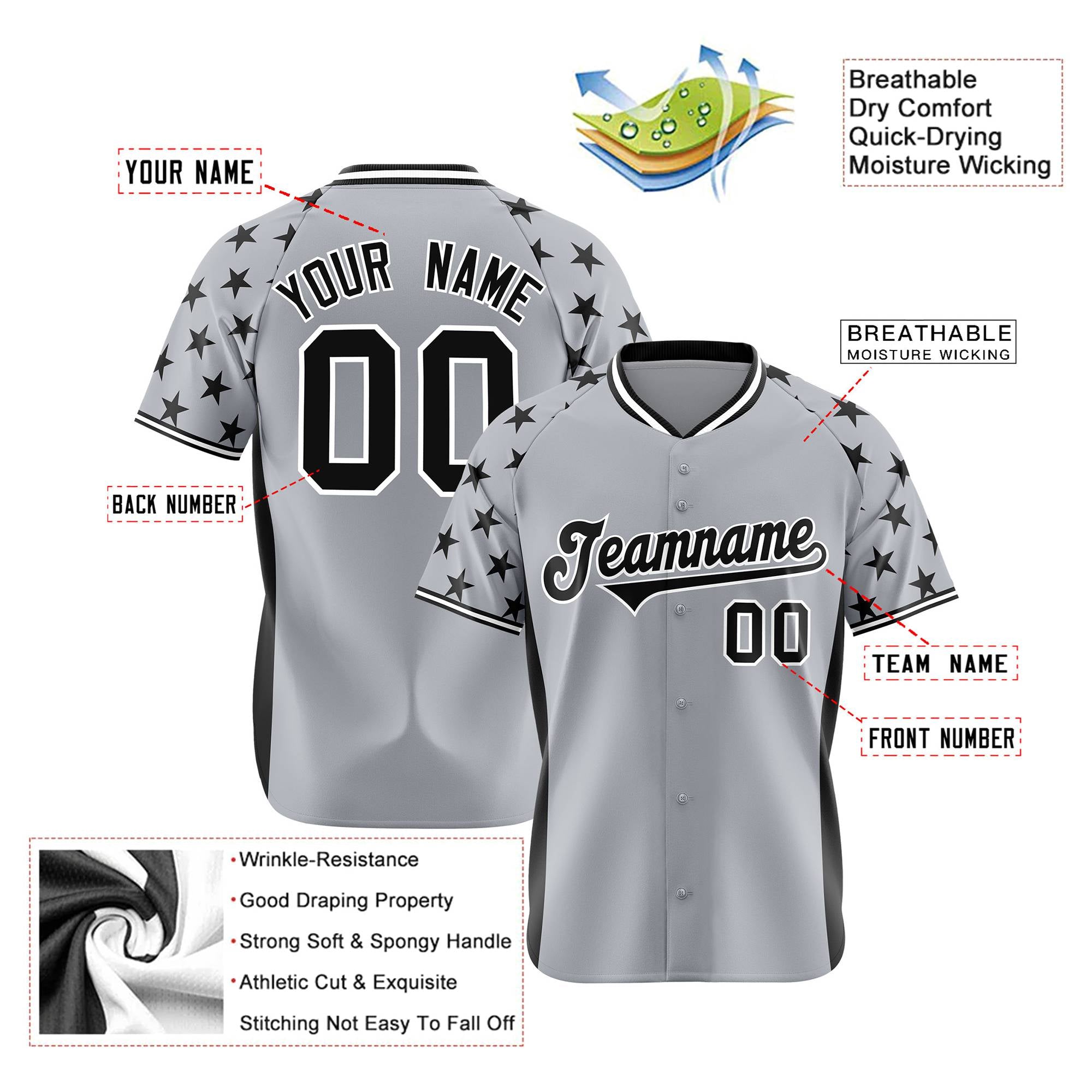 Custom Gray Black Gradient Side Personalized Star Pattern Authentic Baseball Jersey