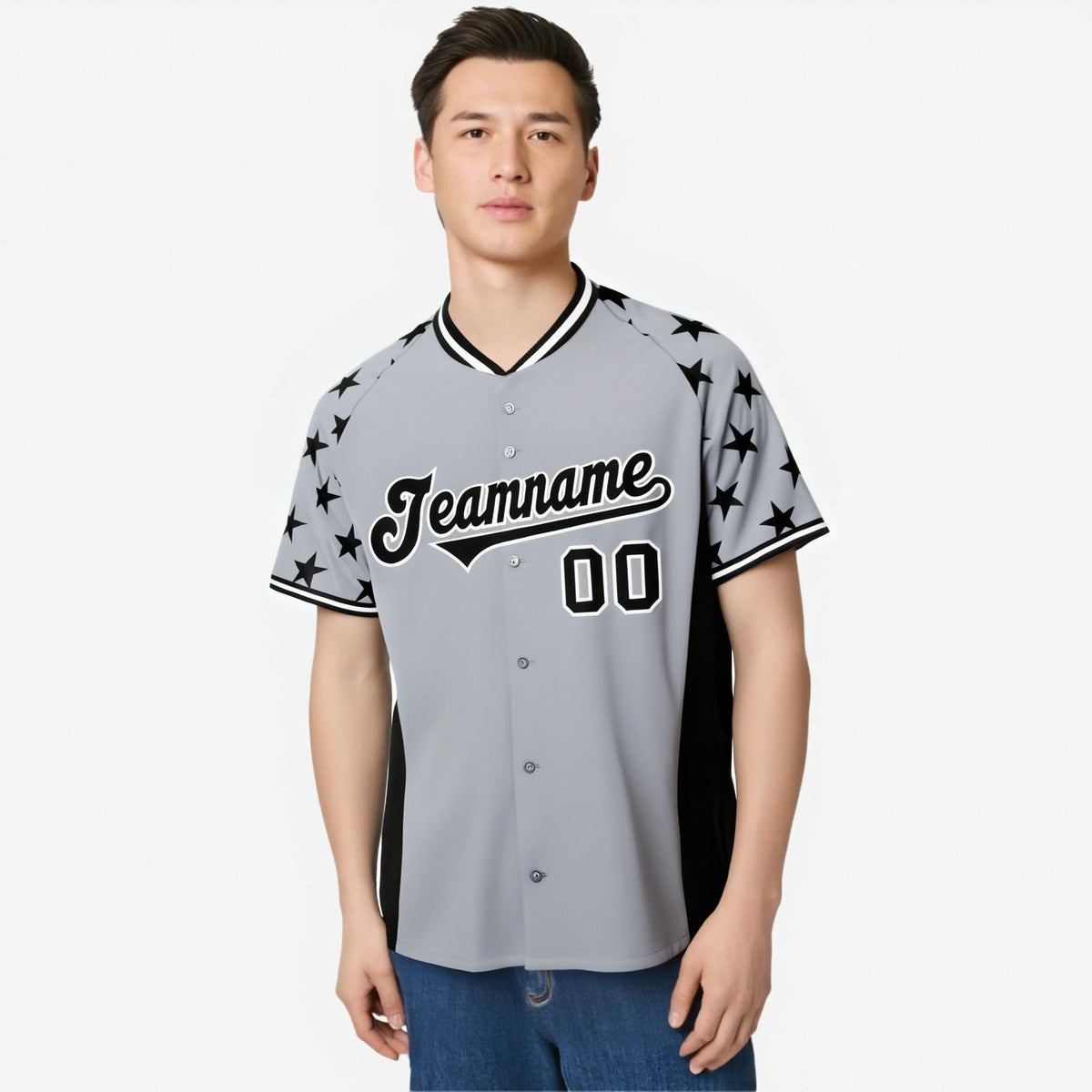Custom Gray Black Gradient Side Personalized Star Pattern Authentic Baseball Jersey