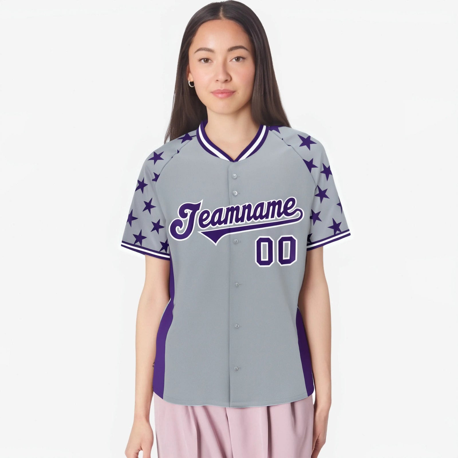 Custom Gray Purple Gradient Side Personalized Star Pattern Authentic Baseball Jersey