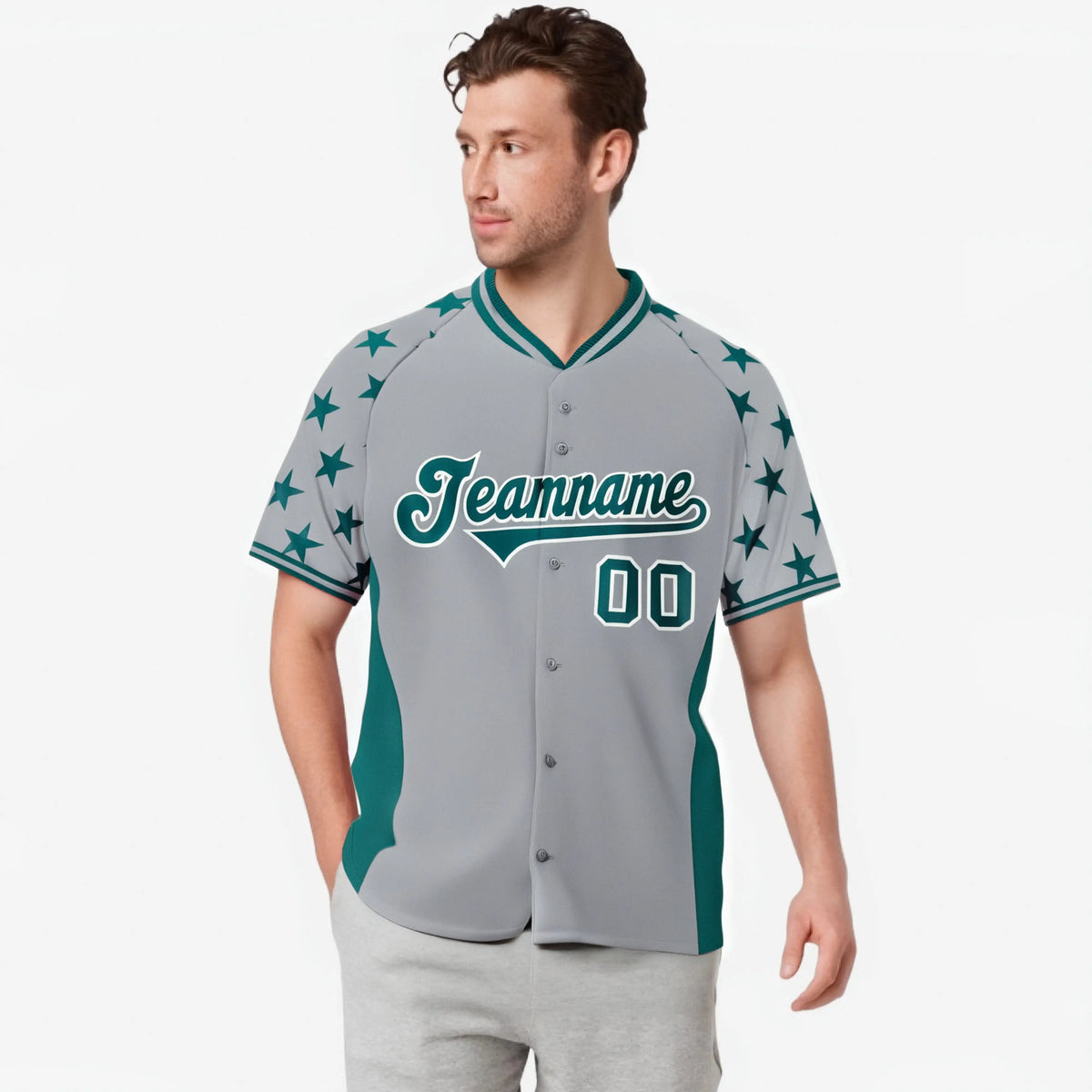 Custom Gray Aqua Gradient Side Personalized Star Pattern Authentic Baseball Jersey