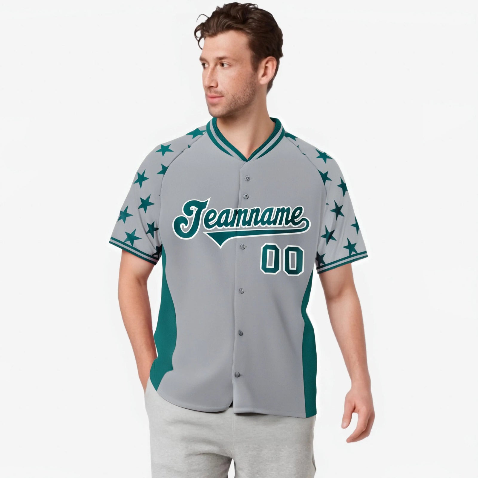 Custom Gray Aqua Gradient Side Personalized Star Pattern Authentic Baseball Jersey
