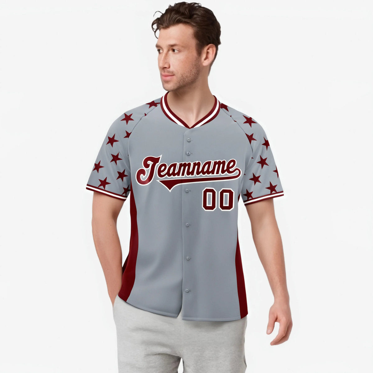 Custom Gray Crimson Gradient Side Personalized Star Pattern Authentic Baseball Jersey