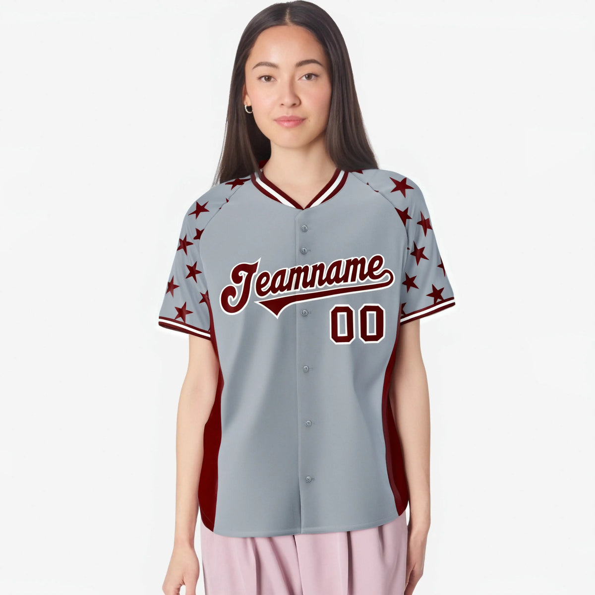 Custom Gray Crimson Gradient Side Personalized Star Pattern Authentic Baseball Jersey