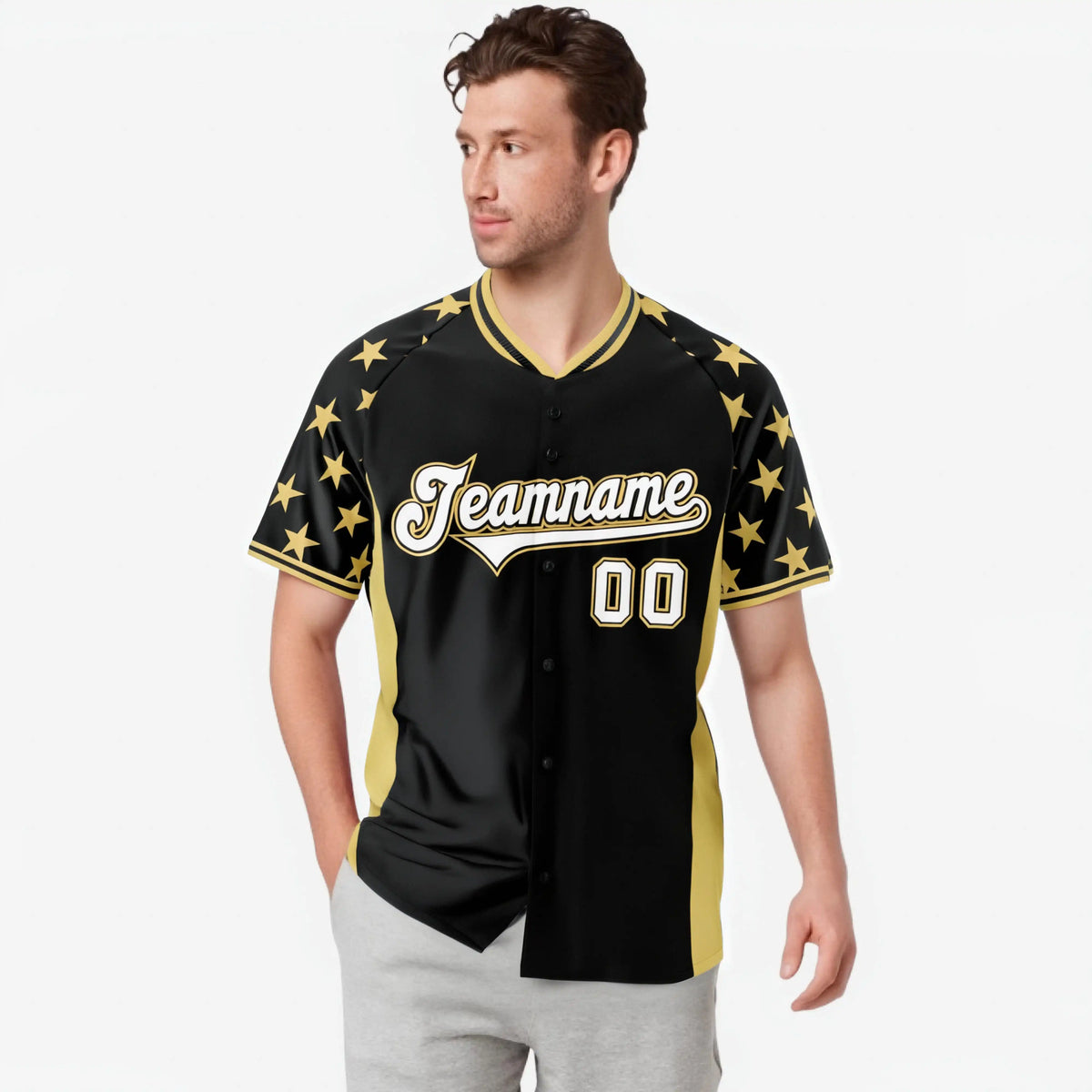 Custom Black Old Gold Gradient Side Personalized Star Pattern Authentic Baseball Jersey