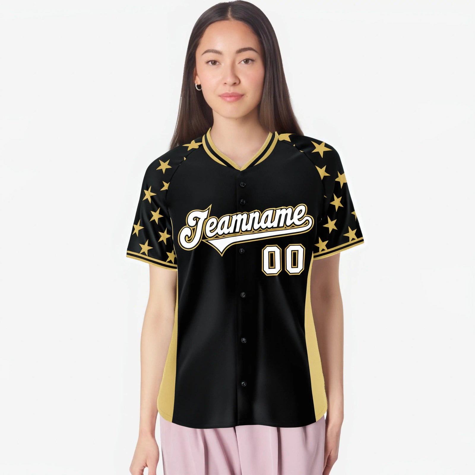 Custom Black Old Gold Gradient Side Personalized Star Pattern Authentic Baseball Jersey