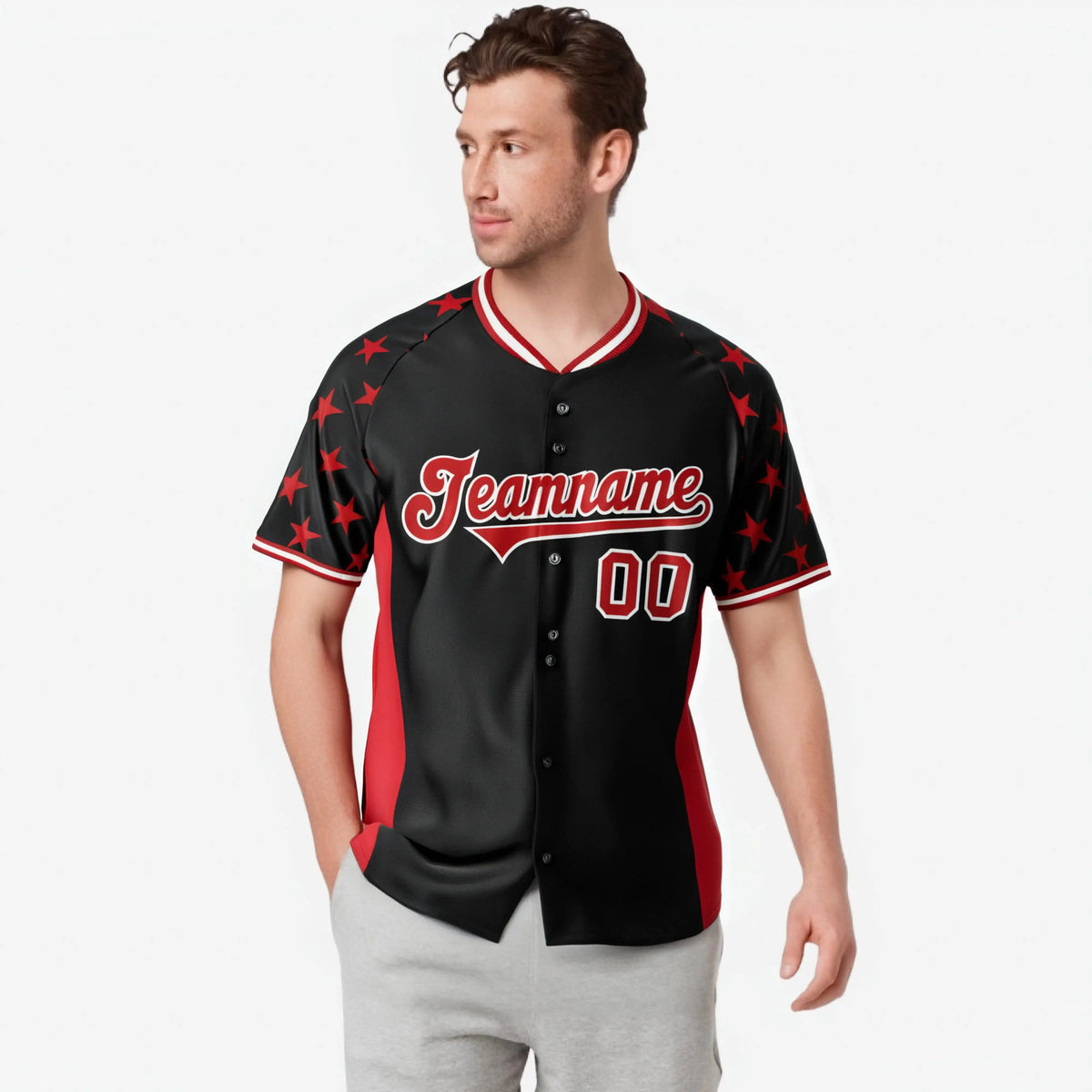 Custom Black Red Gradient Side Personalized Star Pattern Authentic Baseball Jersey