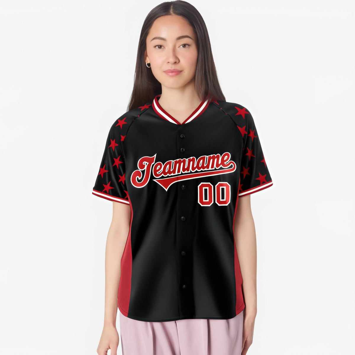 Custom Black Red Gradient Side Personalized Star Pattern Authentic Baseball Jersey