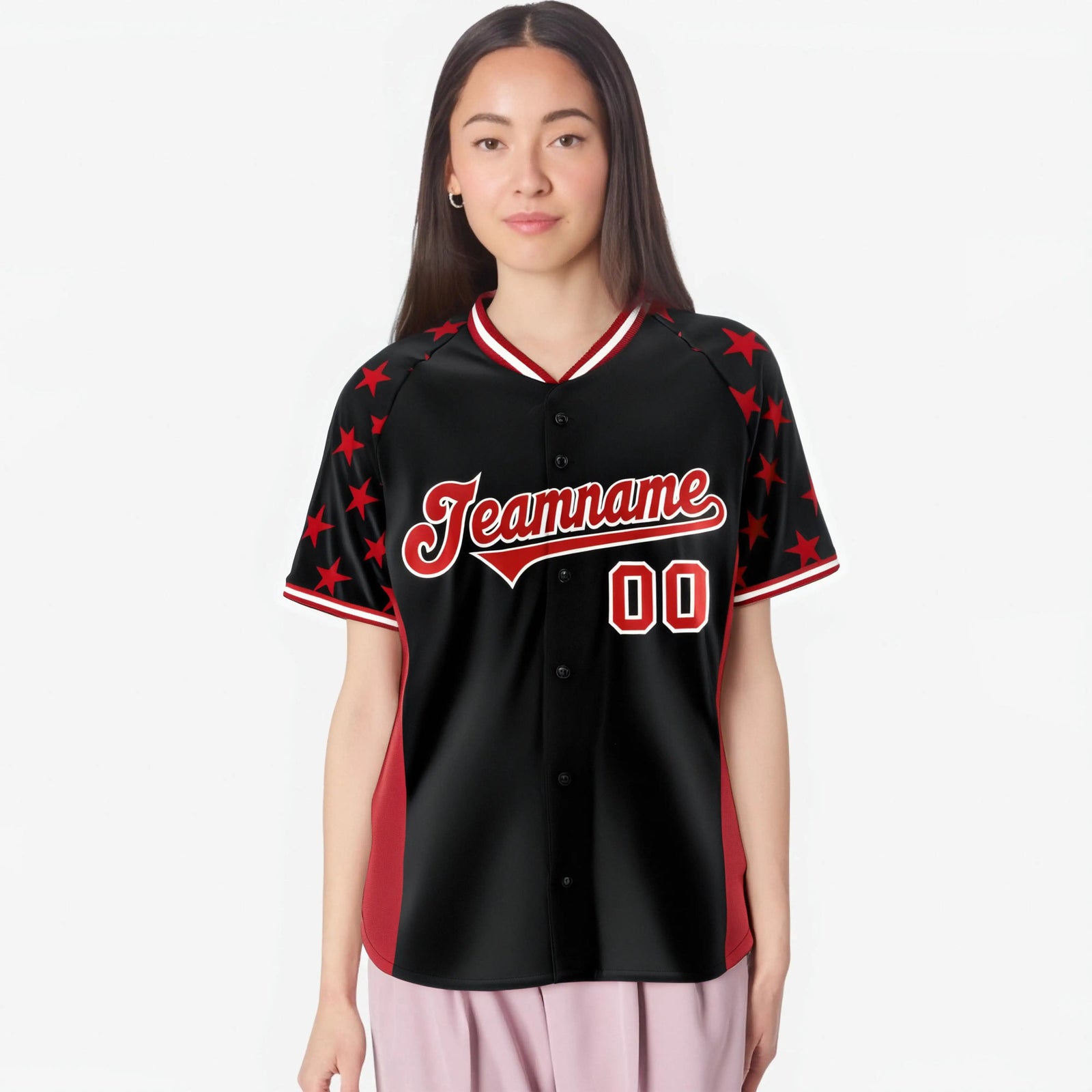 Custom Black Red Gradient Side Personalized Star Pattern Authentic Baseball Jersey