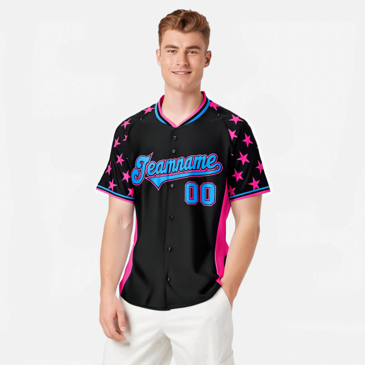 Custom Black Pink Gradient Side Personalized Star Pattern Authentic Baseball Jersey