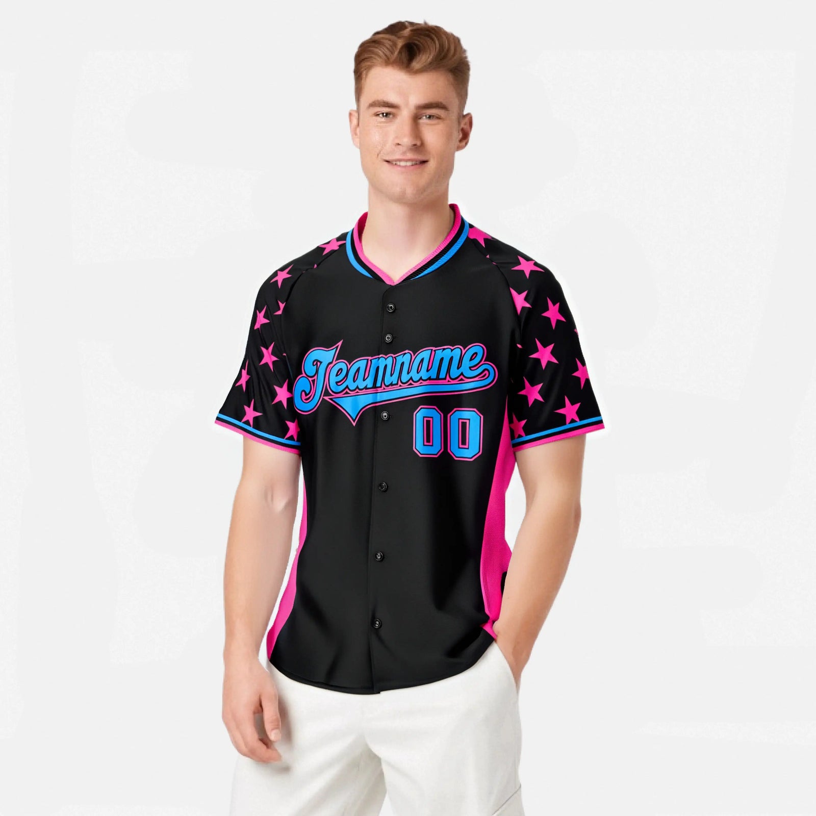 Custom Black Pink Gradient Side Personalized Star Pattern Authentic Baseball Jersey