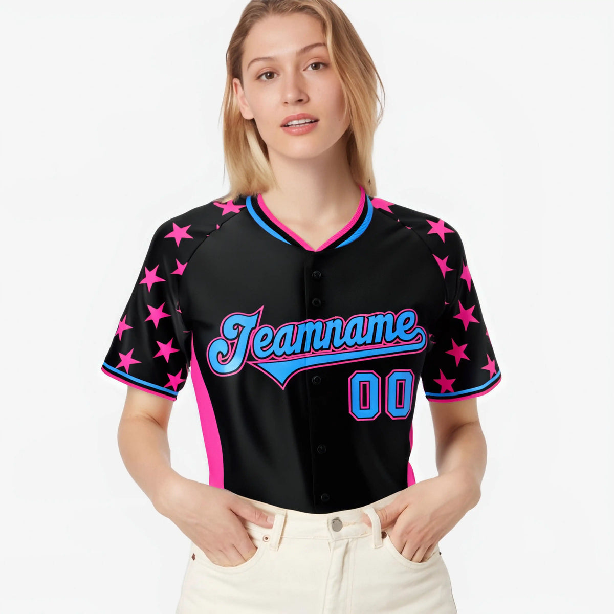 Custom Black Pink Gradient Side Personalized Star Pattern Authentic Baseball Jersey