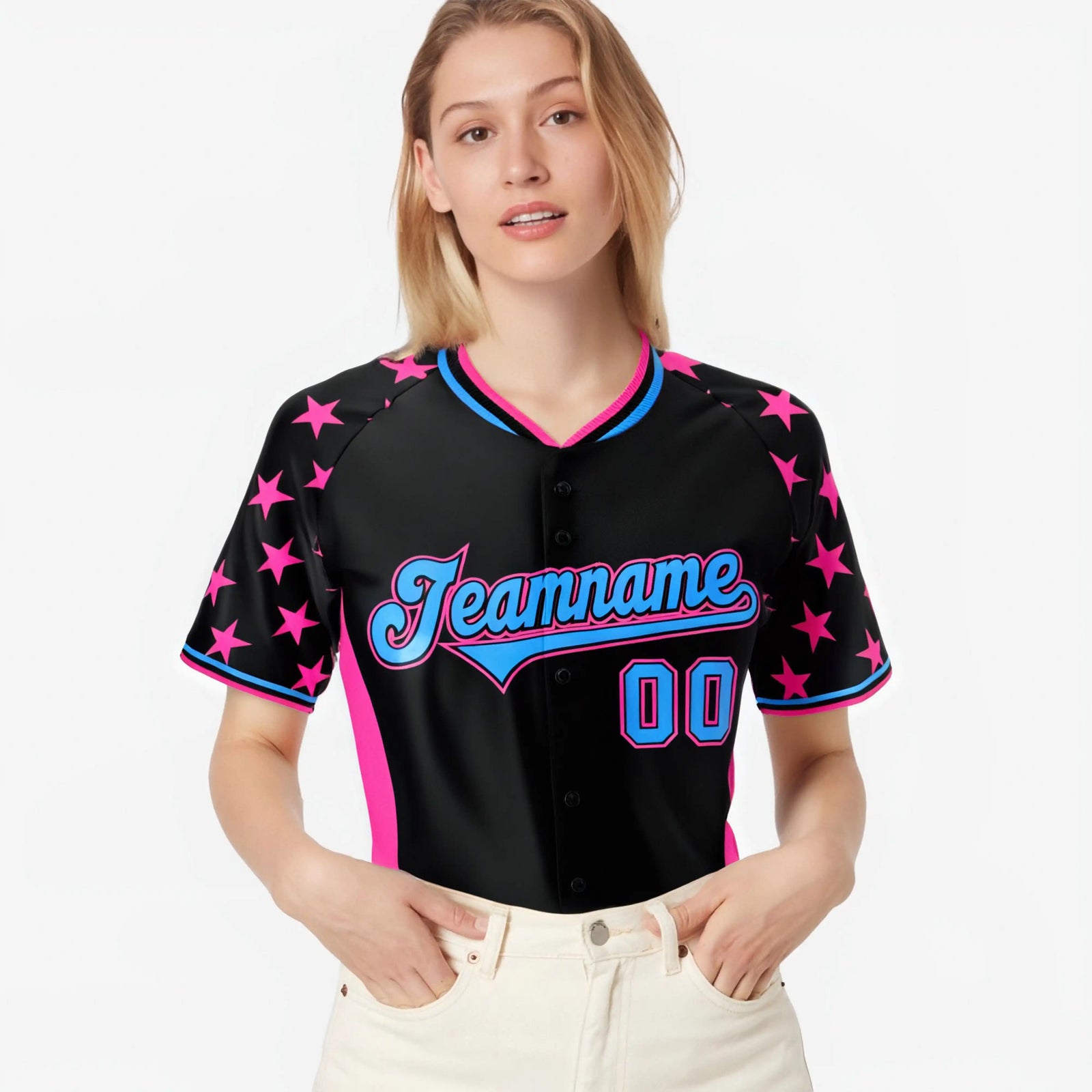Custom Black Pink Gradient Side Personalized Star Pattern Authentic Baseball Jersey