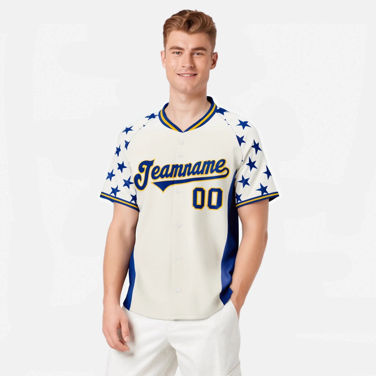 Custom Gream Royal Blue Gradient Side Personalized Star Pattern Authentic Baseball Jersey