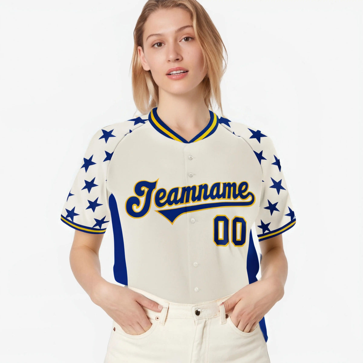 Custom Gream Royal Blue Gradient Side Personalized Star Pattern Authentic Baseball Jersey