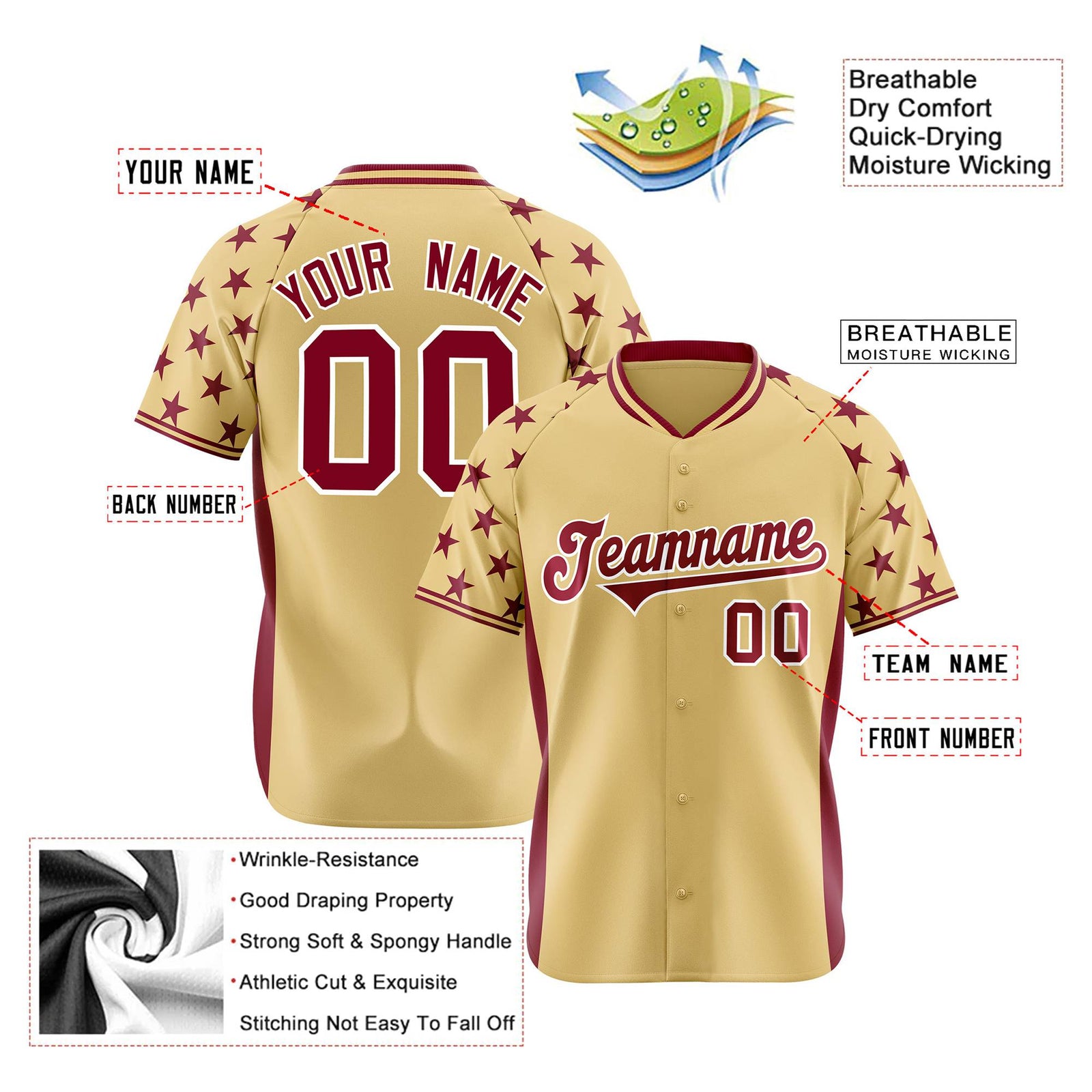 Custom Khaki Crimson Gradient Side Personalized Star Pattern Authentic Baseball Jersey