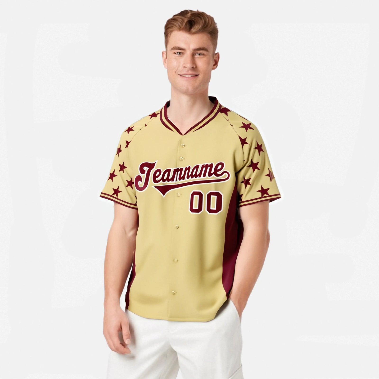 Custom Khaki Crimson Gradient Side Personalized Star Pattern Authentic Baseball Jersey