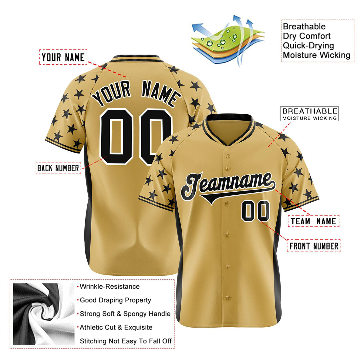 Custom Khaki Black Gradient Side Personalized Star Pattern Authentic Baseball Jersey