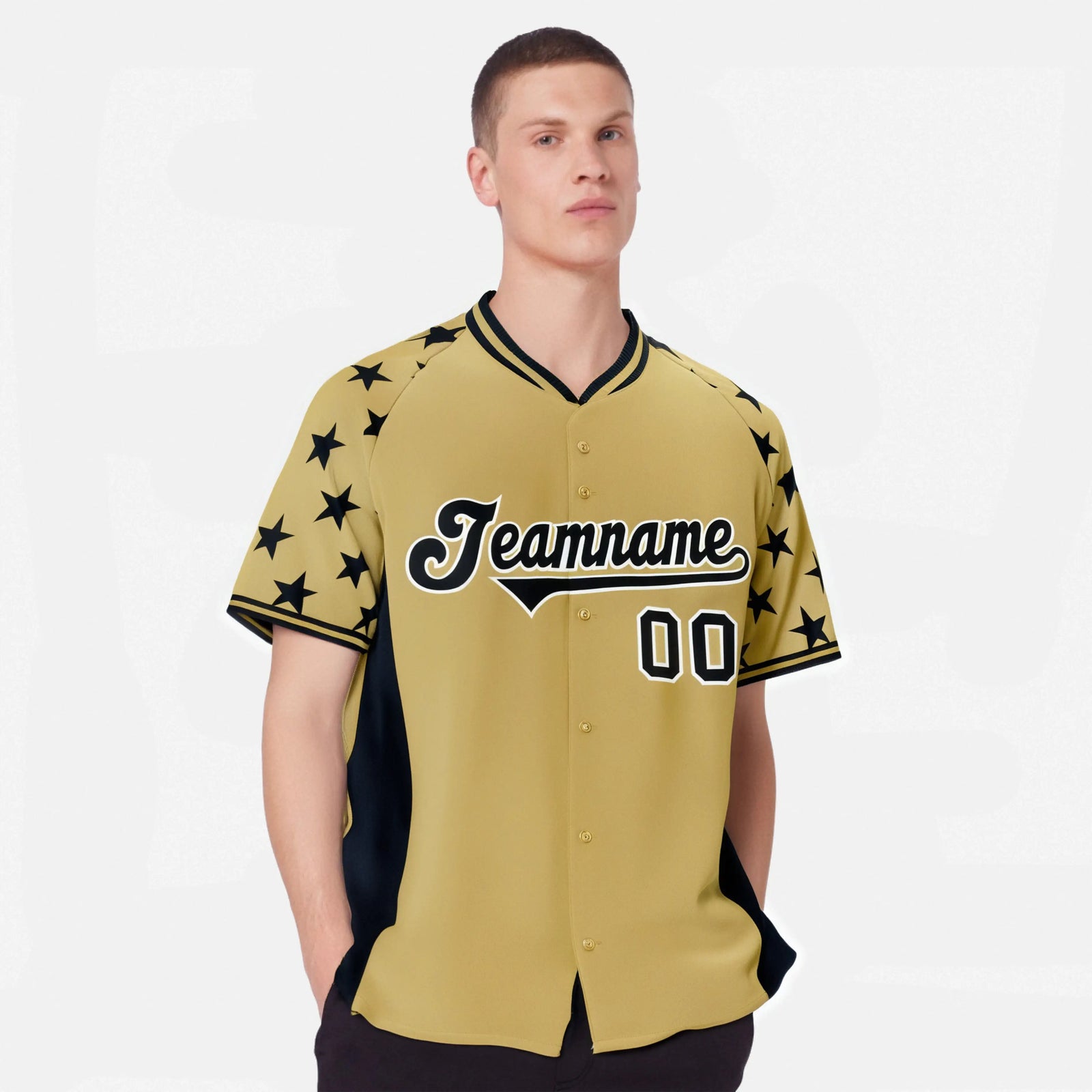 Custom Khaki Black Gradient Side Personalized Star Pattern Authentic Baseball Jersey