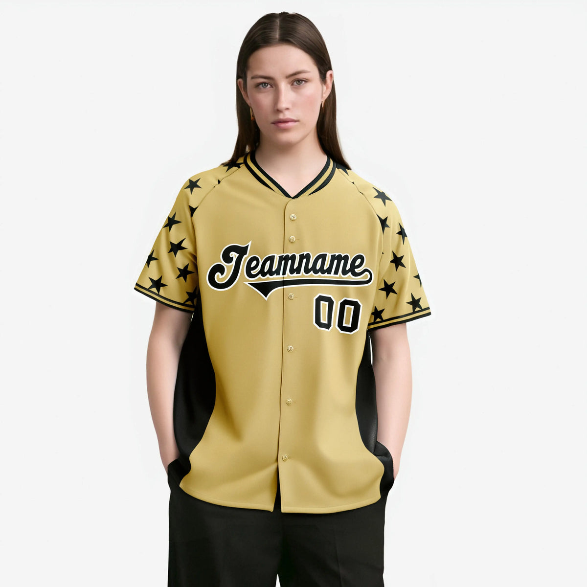 Custom Khaki Black Gradient Side Personalized Star Pattern Authentic Baseball Jersey