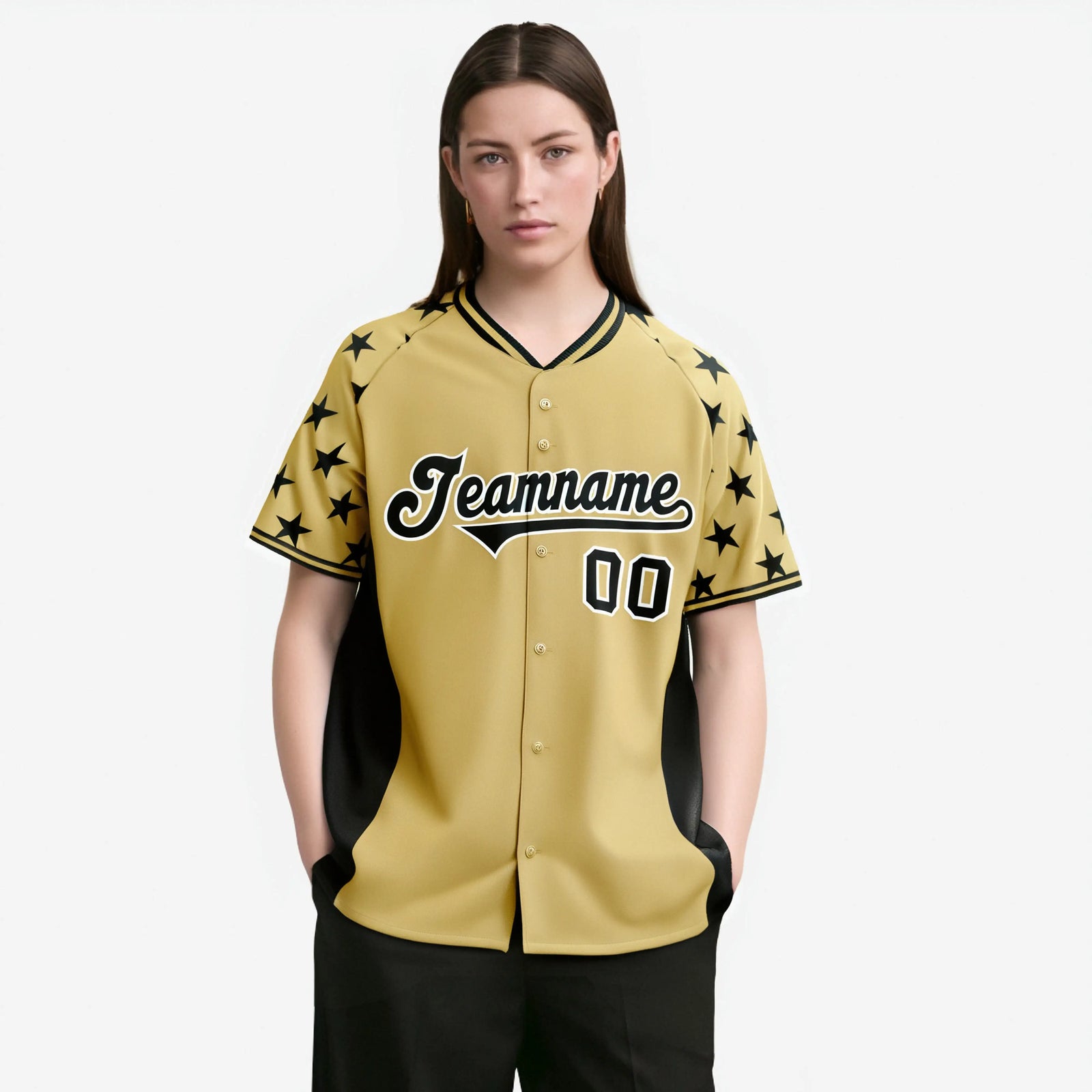 Custom Khaki Black Gradient Side Personalized Star Pattern Authentic Baseball Jersey