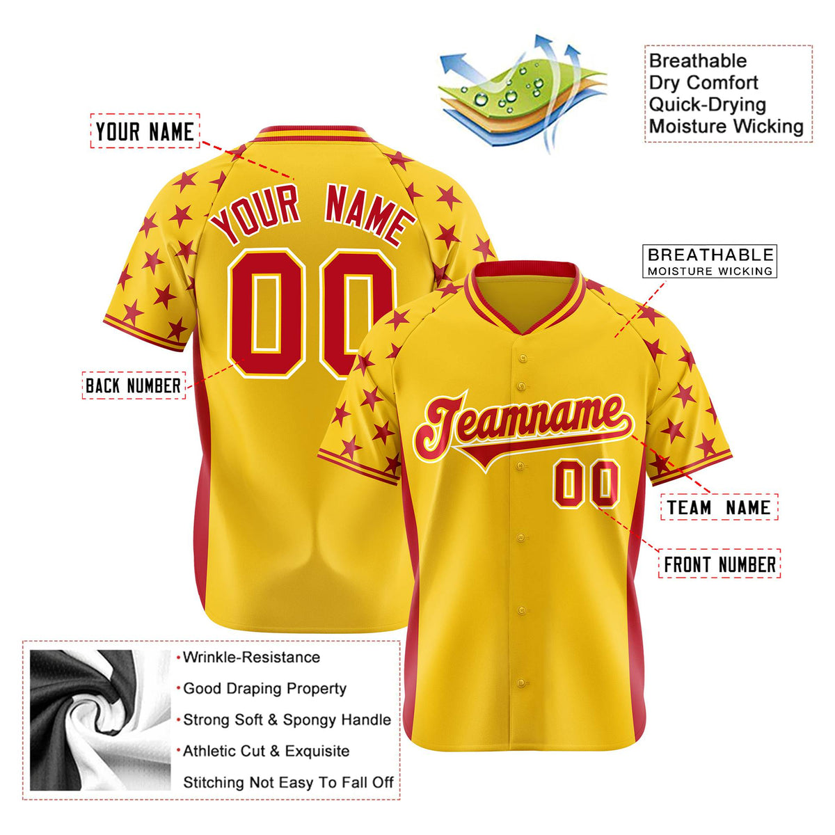 Custom Gold Red Gradient Side Personalized Star Pattern Authentic Baseball Jersey