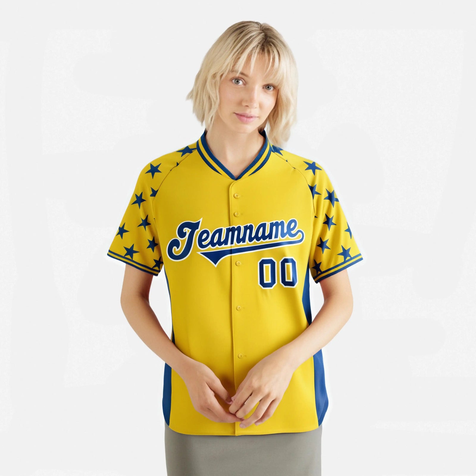 Custom Gold Royal Blue Gradient Side Personalized Star Pattern Authentic Baseball Jersey