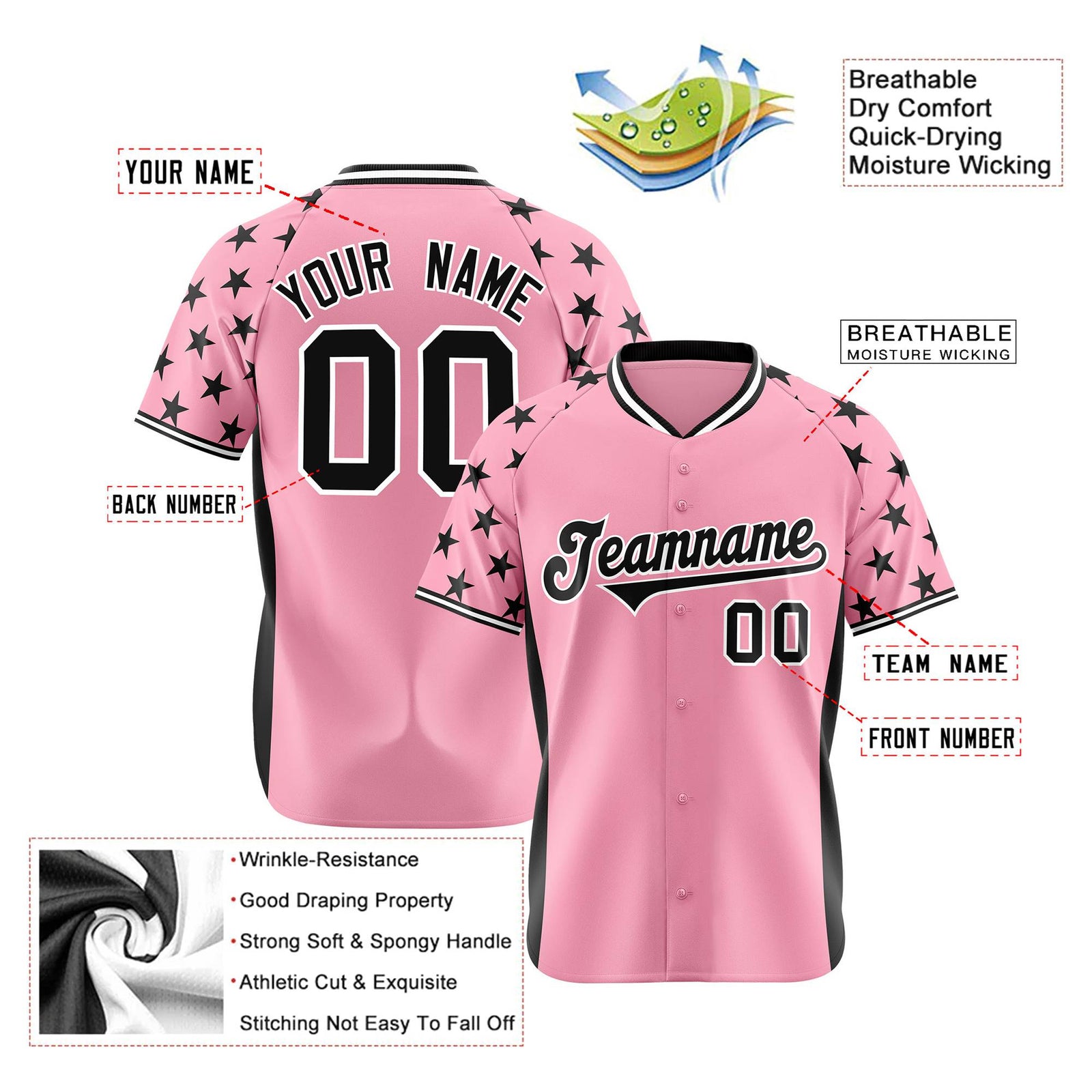 Custom Light Pink Black Gradient Side Personalized Star Pattern Authentic Baseball Jersey