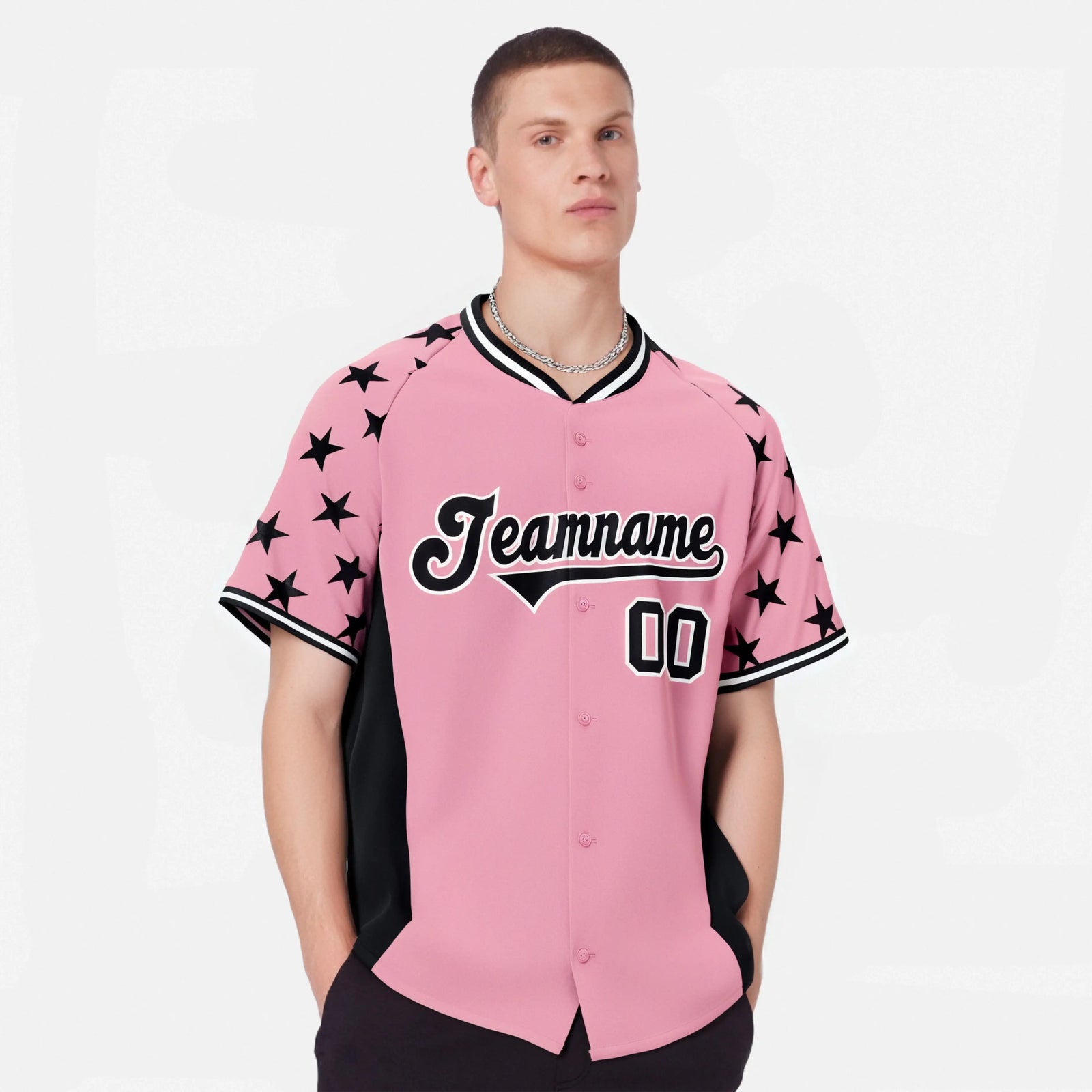 Custom Light Pink Black Gradient Side Personalized Star Pattern Authentic Baseball Jersey