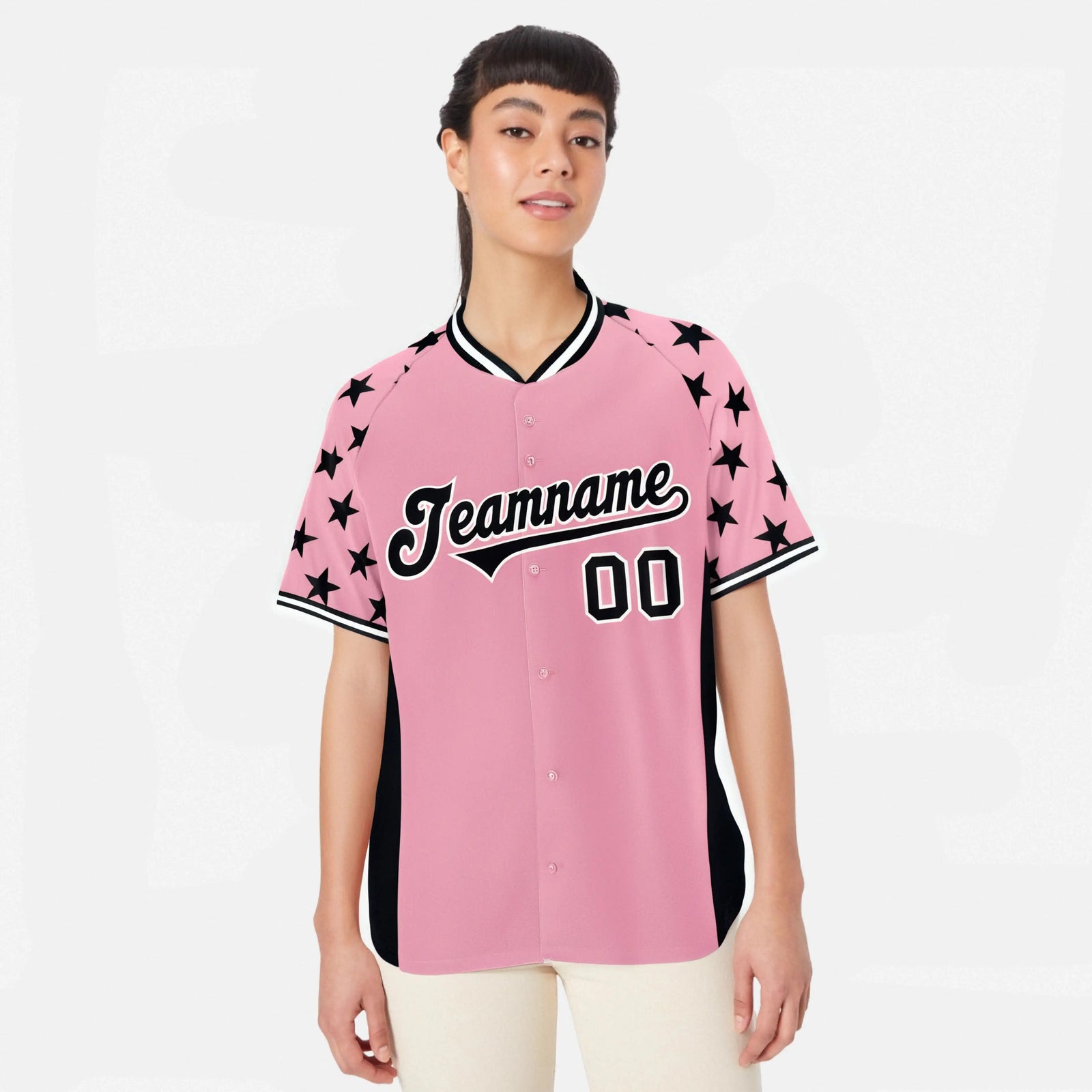 Custom Light Pink Black Gradient Side Personalized Star Pattern Authentic Baseball Jersey