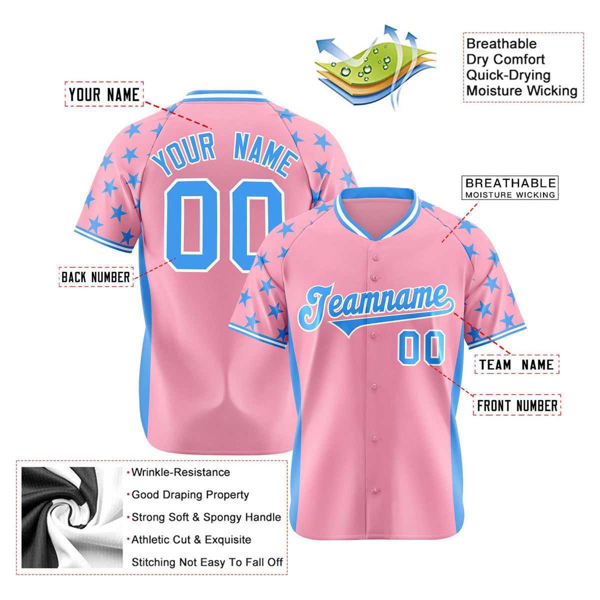 Custom Light Pink Powder Blue Gradient Side Personalized Star Pattern Authentic Baseball Jersey