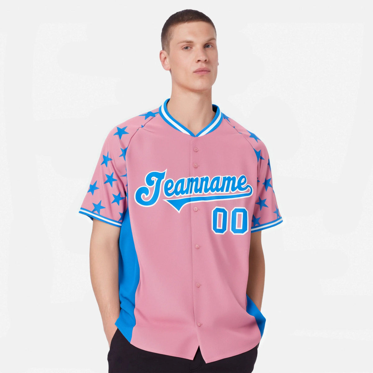 Custom Light Pink Powder Blue Gradient Side Personalized Star Pattern Authentic Baseball Jersey