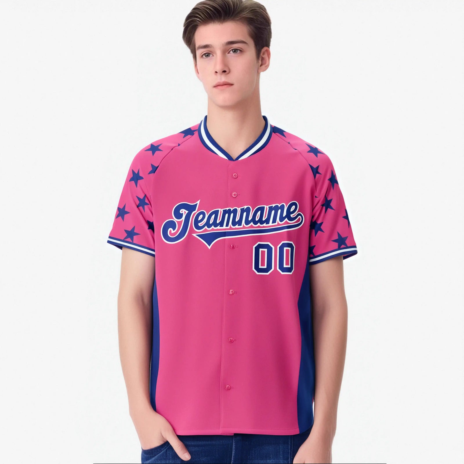 Custom Pink Royal Blue Gradient Side Personalized Star Pattern Authentic Baseball Jersey