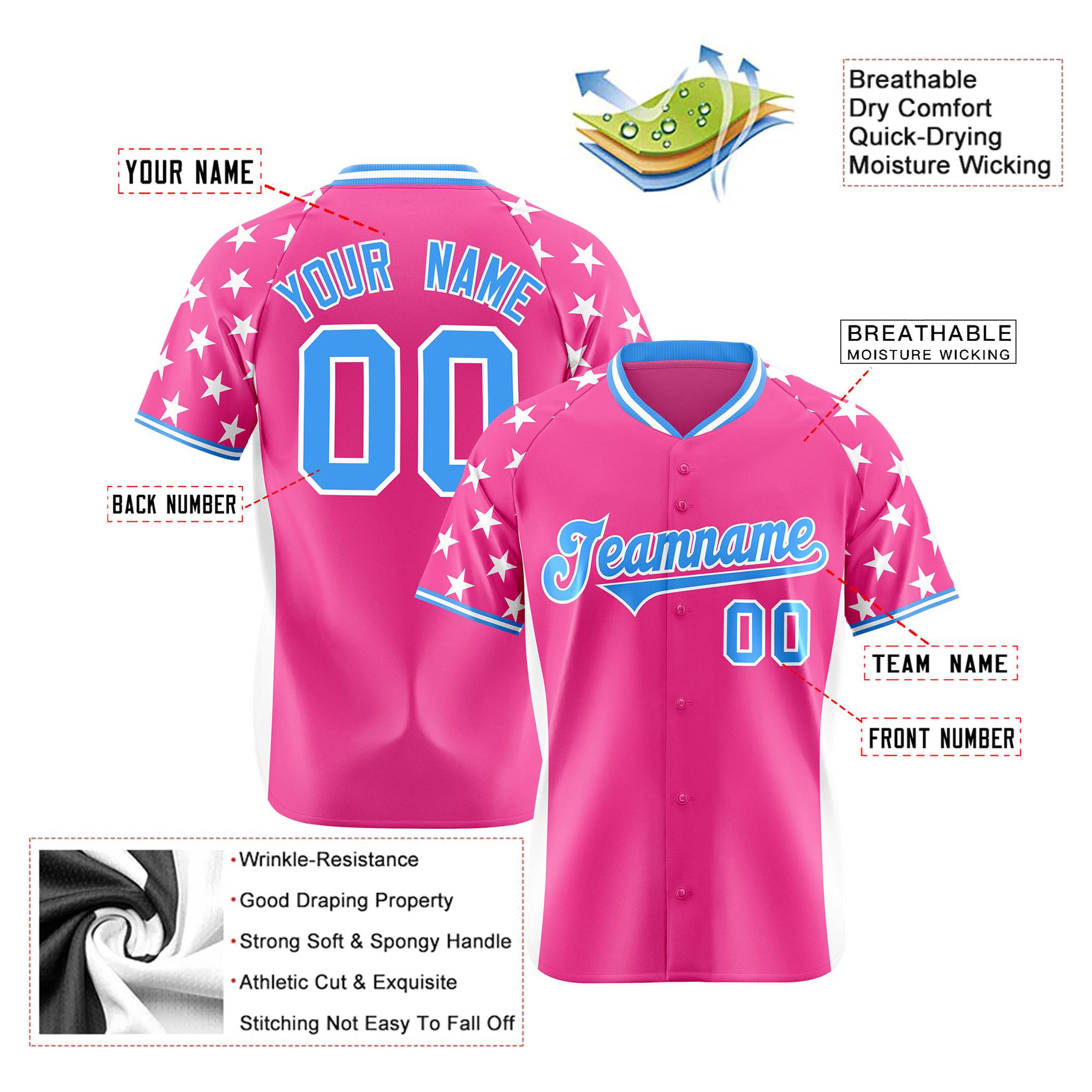 Custom Pink Powder Blue Gradient Side Personalized Star Pattern Authentic Baseball Jersey