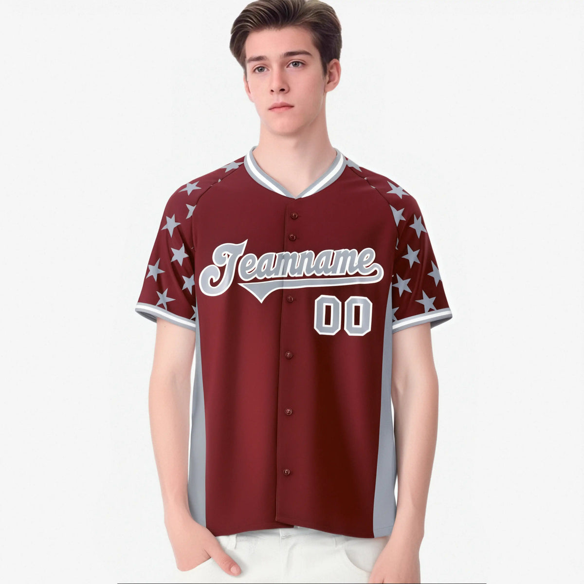 Custom Crimson Gray Gradient Side Personalized Star Pattern Authentic Baseball Jersey