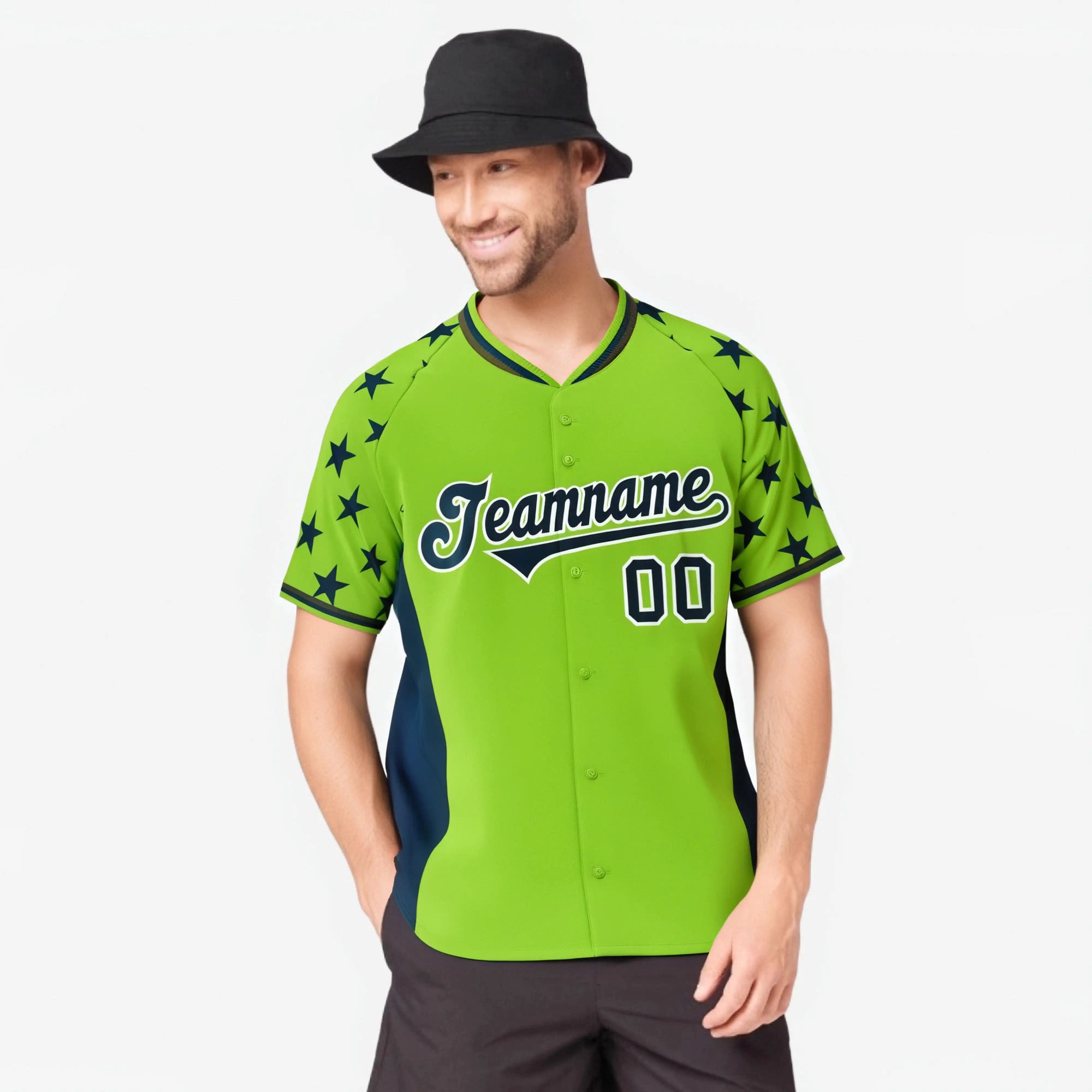 Custom Neon Green Navy Gradient Side Personalized Star Pattern Authentic Baseball Jersey