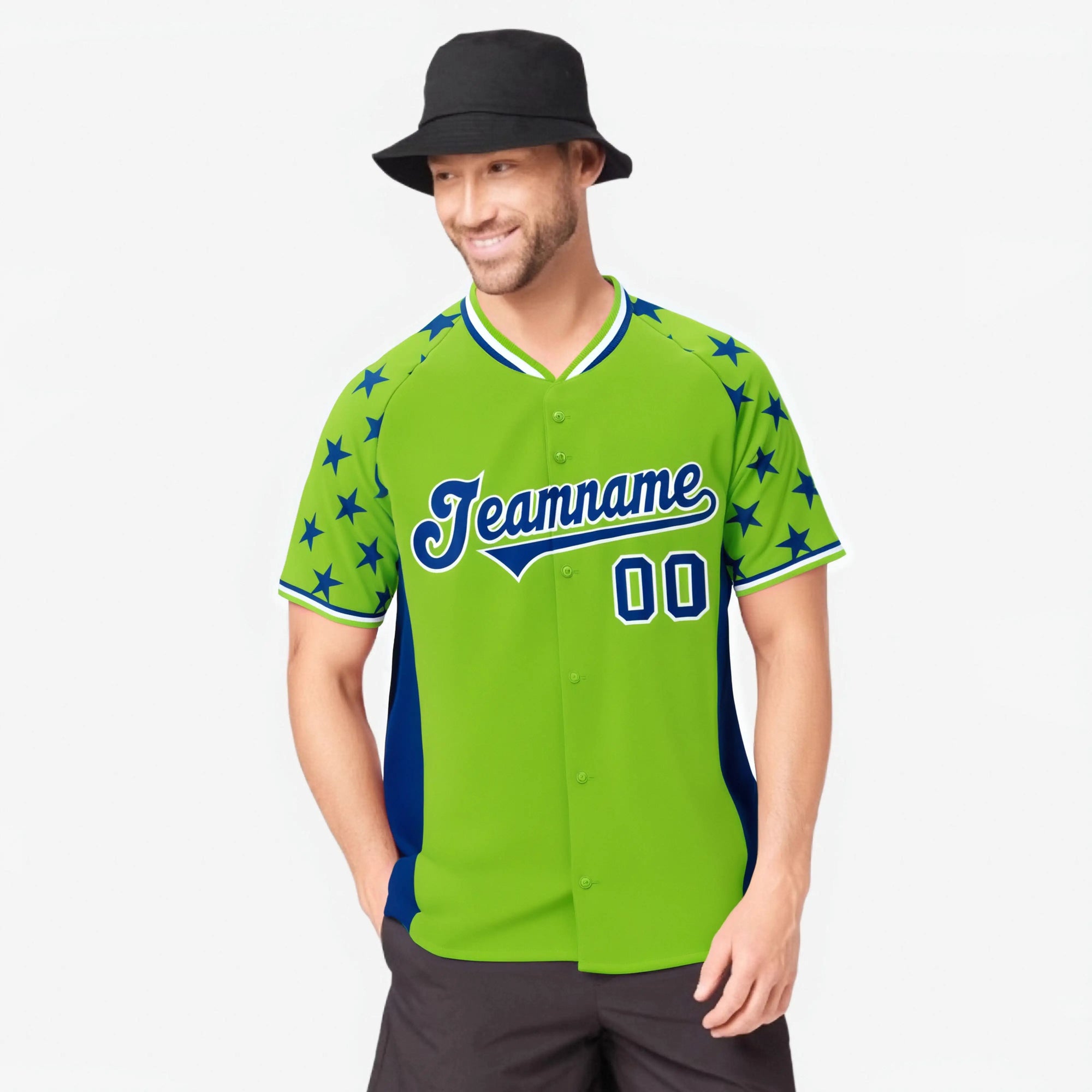 Custom Neon Green Royal Blue Gradient Side Personalized Star Pattern Authentic Baseball Jersey