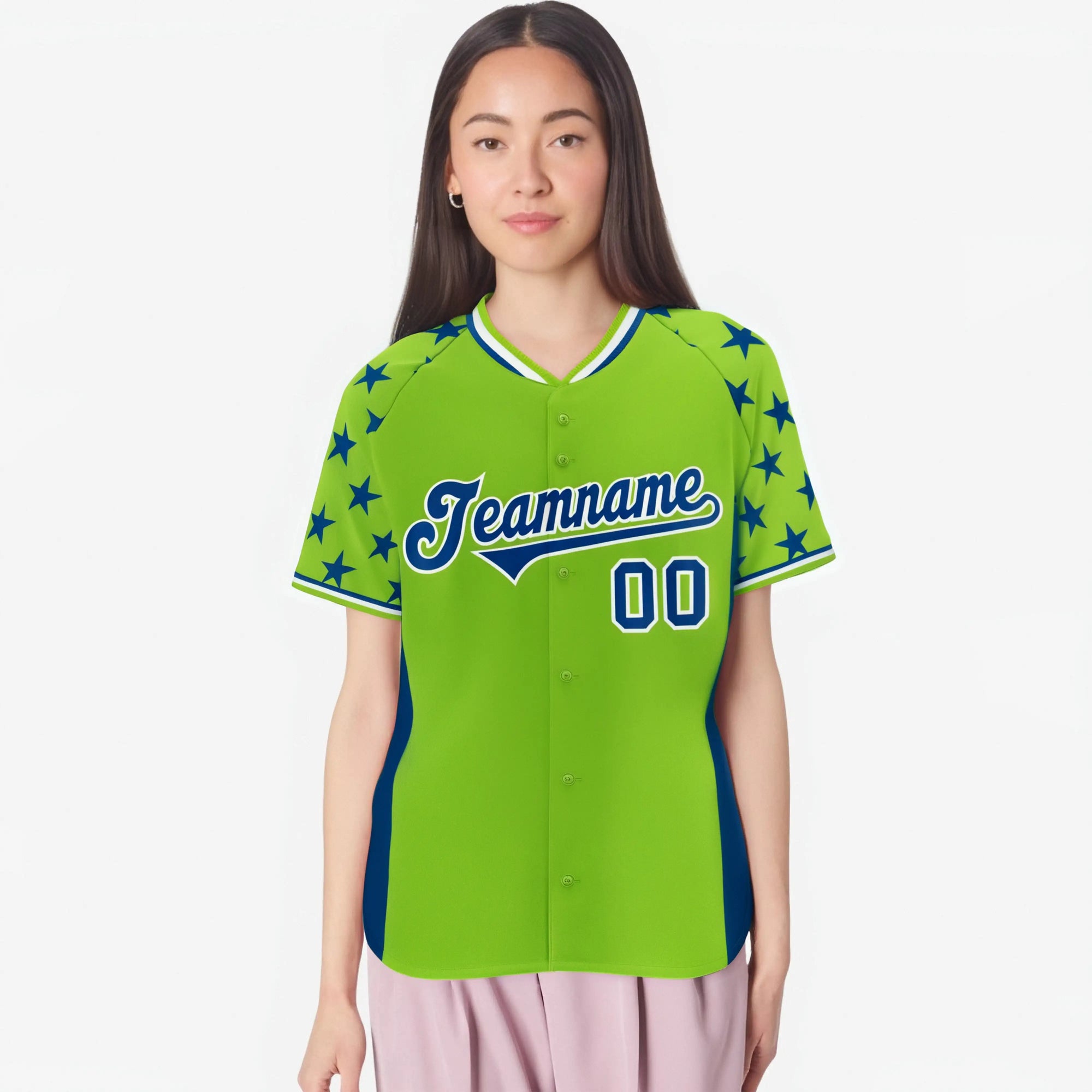 Custom Neon Green Royal Blue Gradient Side Personalized Star Pattern Authentic Baseball Jersey