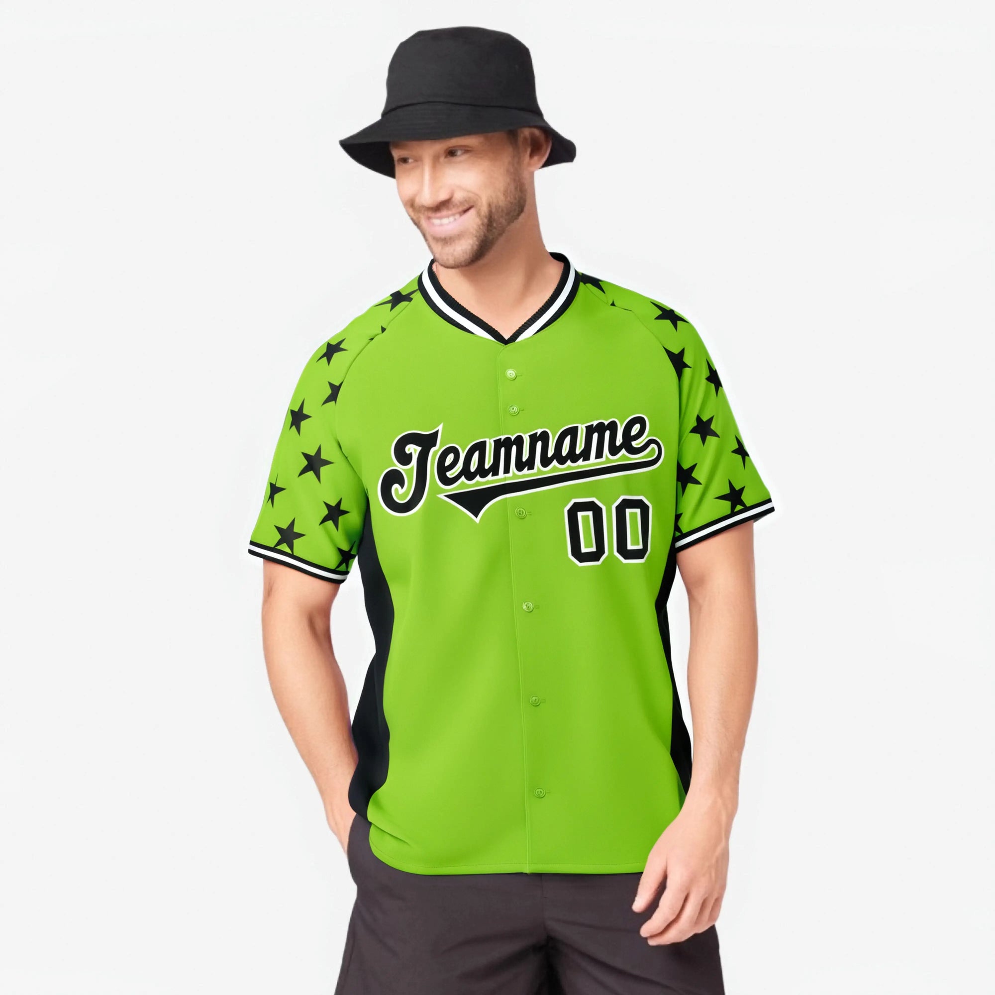 Custom Neon Green Black Gradient Side Personalized Star Pattern Authentic Baseball Jersey