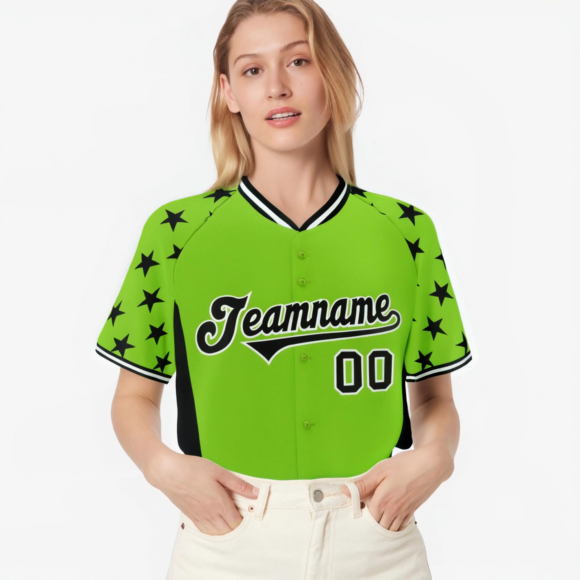 Custom Neon Green Black Gradient Side Personalized Star Pattern Authentic Baseball Jersey