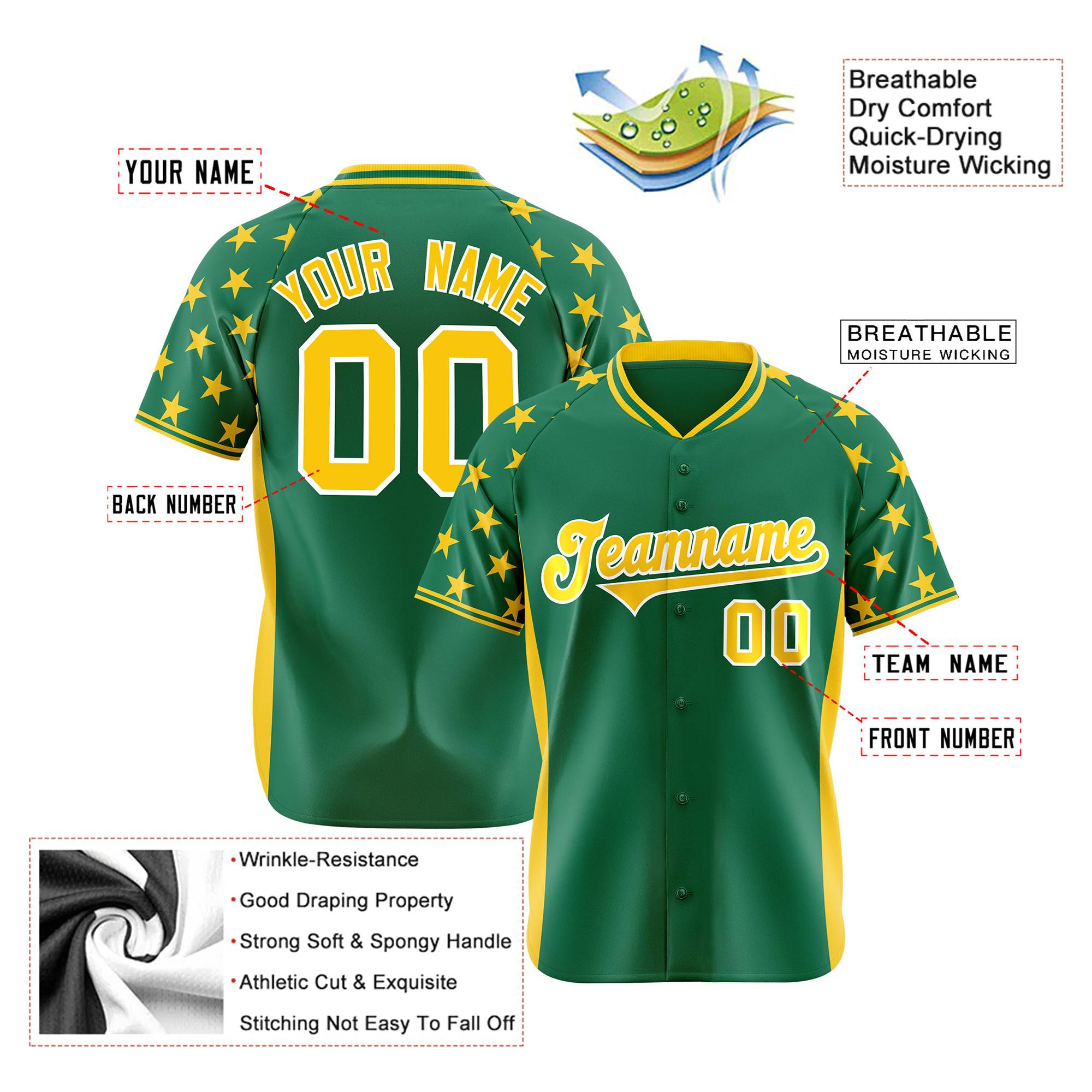 Custom Kelly Green Gold Gradient Side Personalized Star Pattern Authentic Baseball Jersey