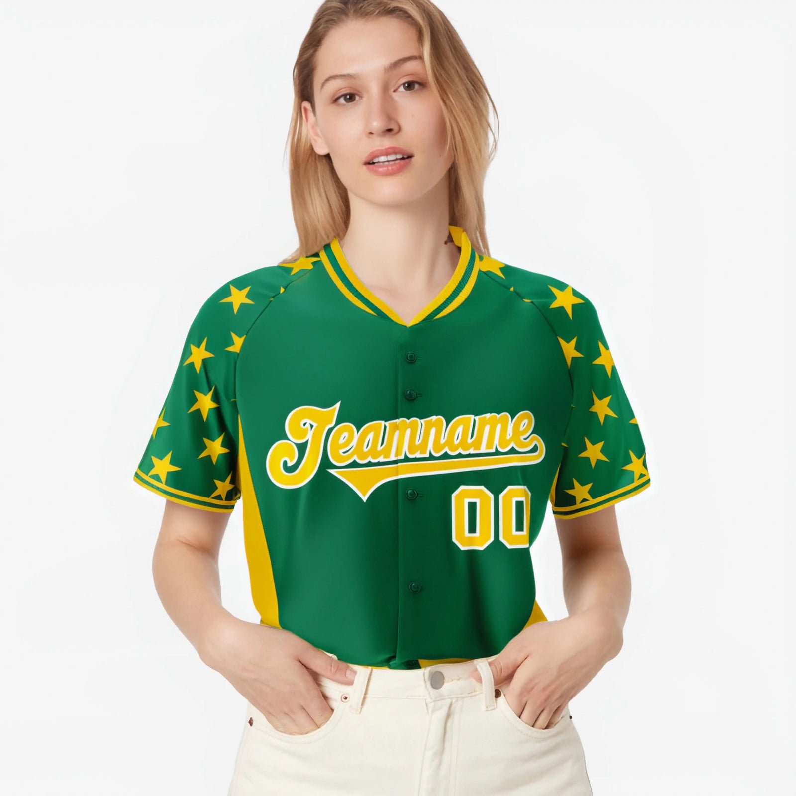 Custom Kelly Green Gold Gradient Side Personalized Star Pattern Authentic Baseball Jersey