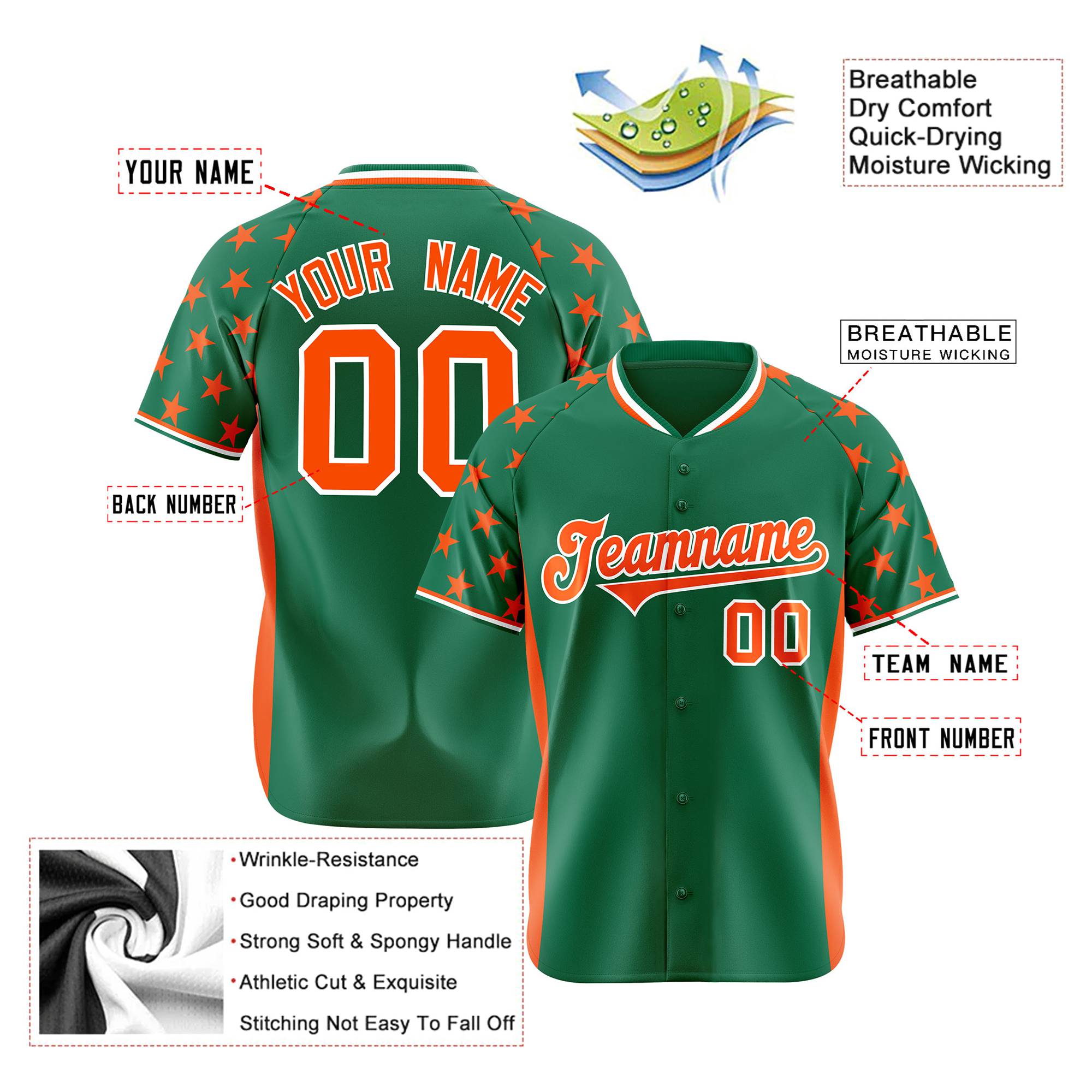 Custom Kelly Green Orange Gradient Side Personalized Star Pattern Authentic Baseball Jersey